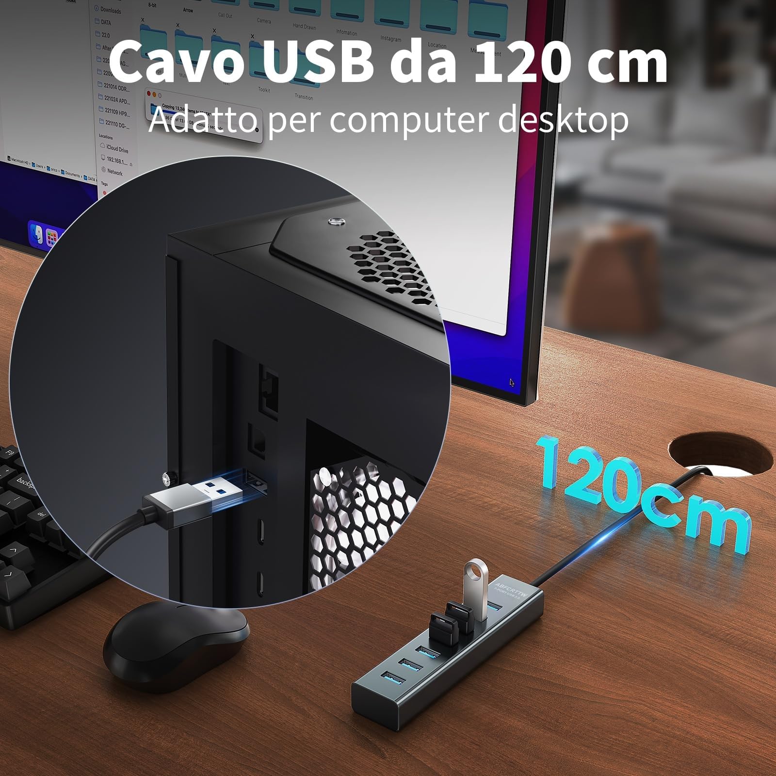 7 Porte Hub USB 3.0 con 120cm Cavo per Desktop, Alluminio Hub USB Multipresa USB Sdoppiatore con USB 3.0 5Gbps, 5V 3A USB-C Alimentato per PC, Laptop, MacBook, U-Disk, Mouse, Tastiera, ecc.