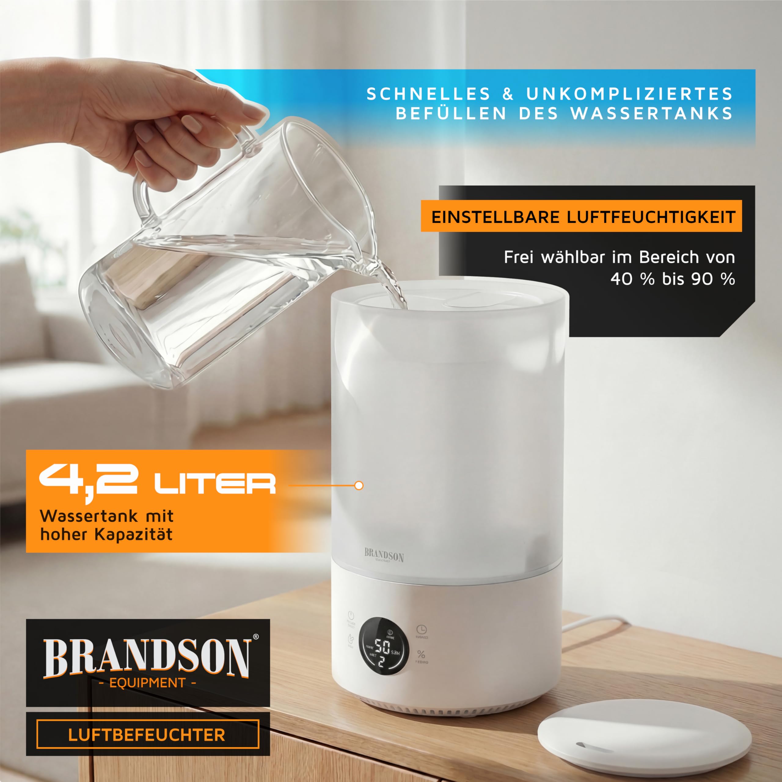 Arendo - Luftbefeuchter digital Display - 4,2 Liter - Fernbedienung - leise - 3 Nebelstufen - Sleep Funktion - Timer – Büro Wohnimmer Schlafzimmer