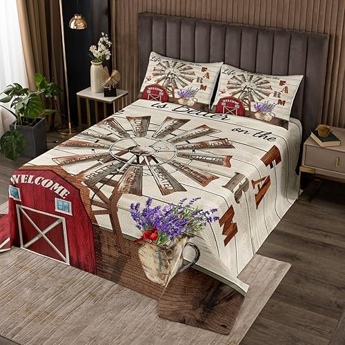 Erosebridal Juego de edredón de granja occidental, juego de colcha rústica para cabaña, cabaña, cabaña, granero, lavanda, molino de viento, juego de