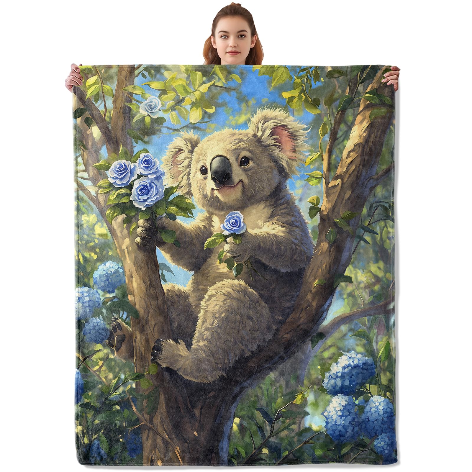 Kibue Lovely Koala Blanket - Lightweight, Soft & Cozy Flannel Plush Throw Blanket for Travel, Sofa, Bedroom, Office - Warm Decor for Adults Kids Women