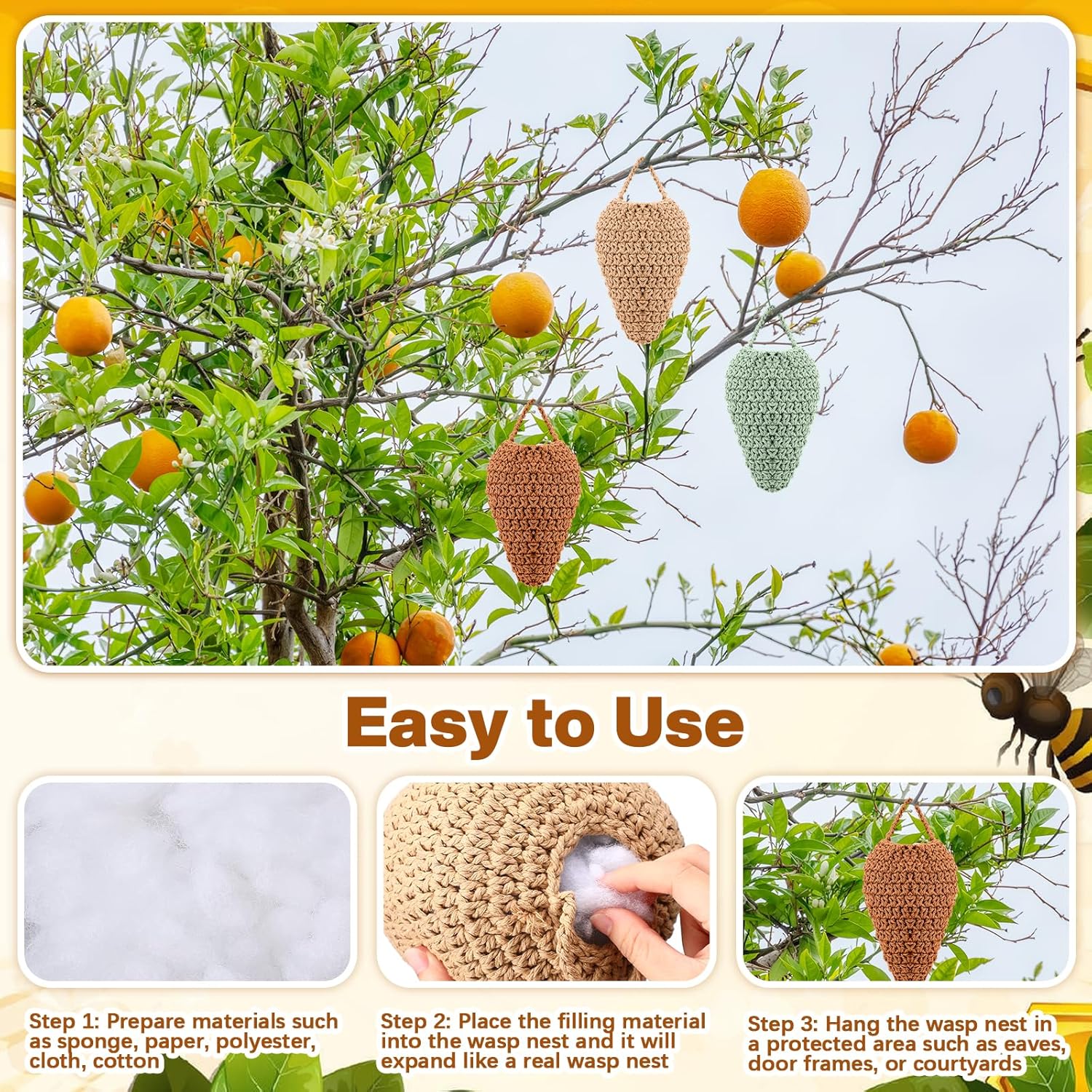 Qualirey 6 Pack Large Crochet Wasp Nest Decoys Hanging Fake Wasp Nest Deterrent Outdoor Crochet Decoys for Patio Garden Yard Eaves Uses, 12.6" x 7.9"