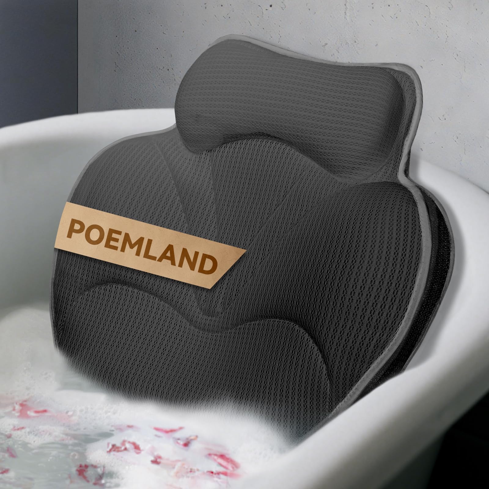 Poemland Bath Pillow for Tub - Luxury Bath Pillow for Neck, Head & Back Support, Soft 5D Mesh Quick Dry Fabric, 54 Non-Slip Suction Cups, Bathing Accessories & Spa Gifts for Women, Grey