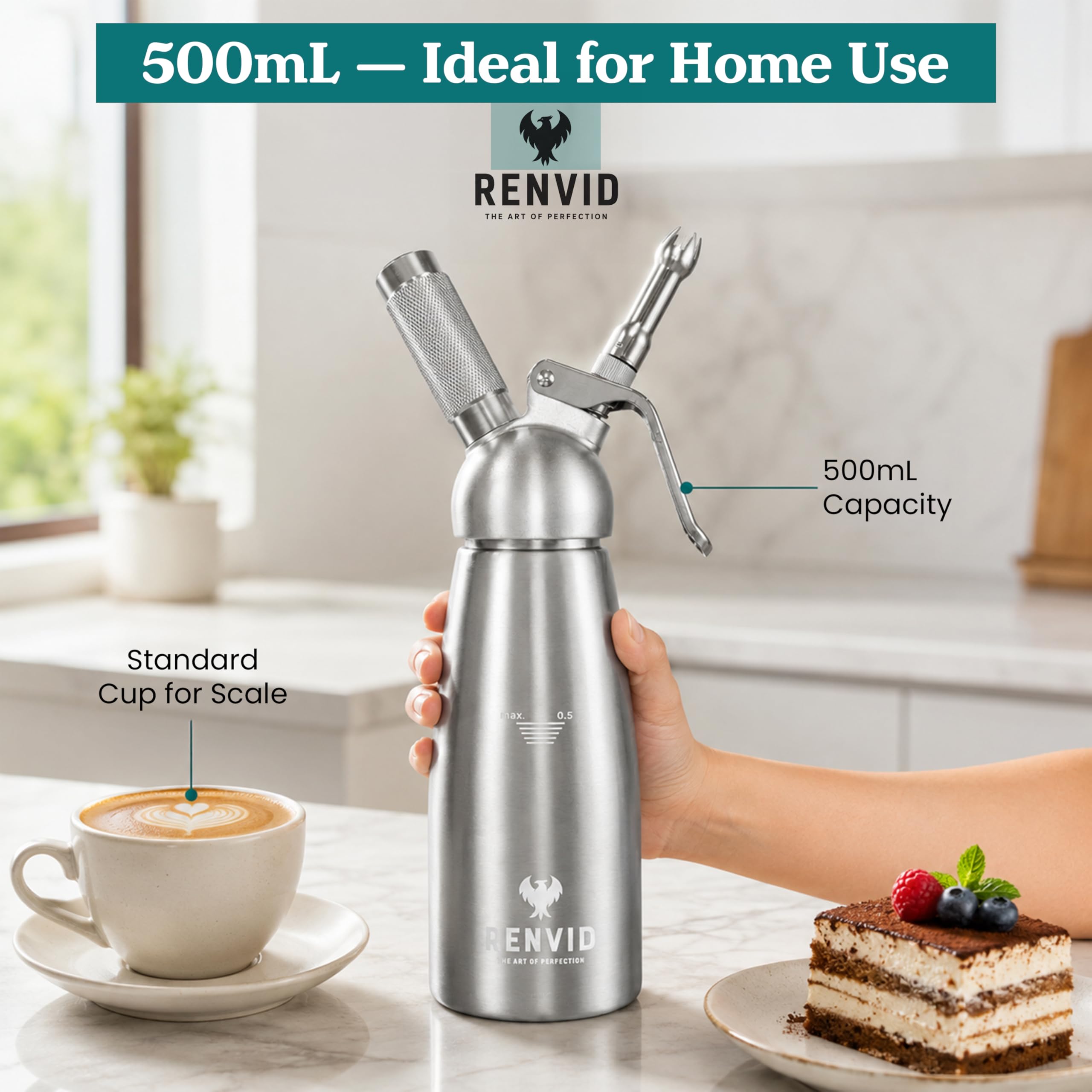 Dispensador profesional de crema batida – Bote de aluminio de 500 ml con 2 juegos de puntas de acero inoxidable y plástico, cepillo de limpieza y bolsa de almacenamiento de malla, a prueba de fugas y