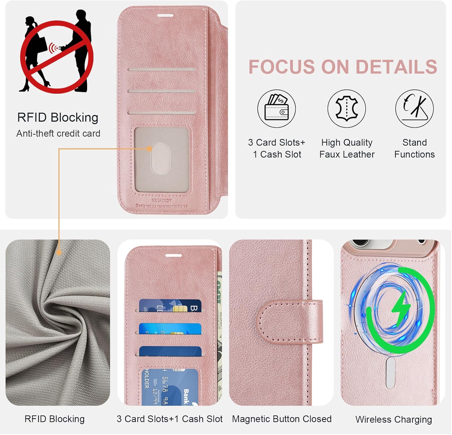 VANAVAGY Compatible for iPhone 17 Pro Wallet Case for Magsafe Wireless Charging, PU Leather Flip Folio Shockproof Phone Cover with Wristlet RFID Blocking Card Holder [Screen Protector],Rose Gold