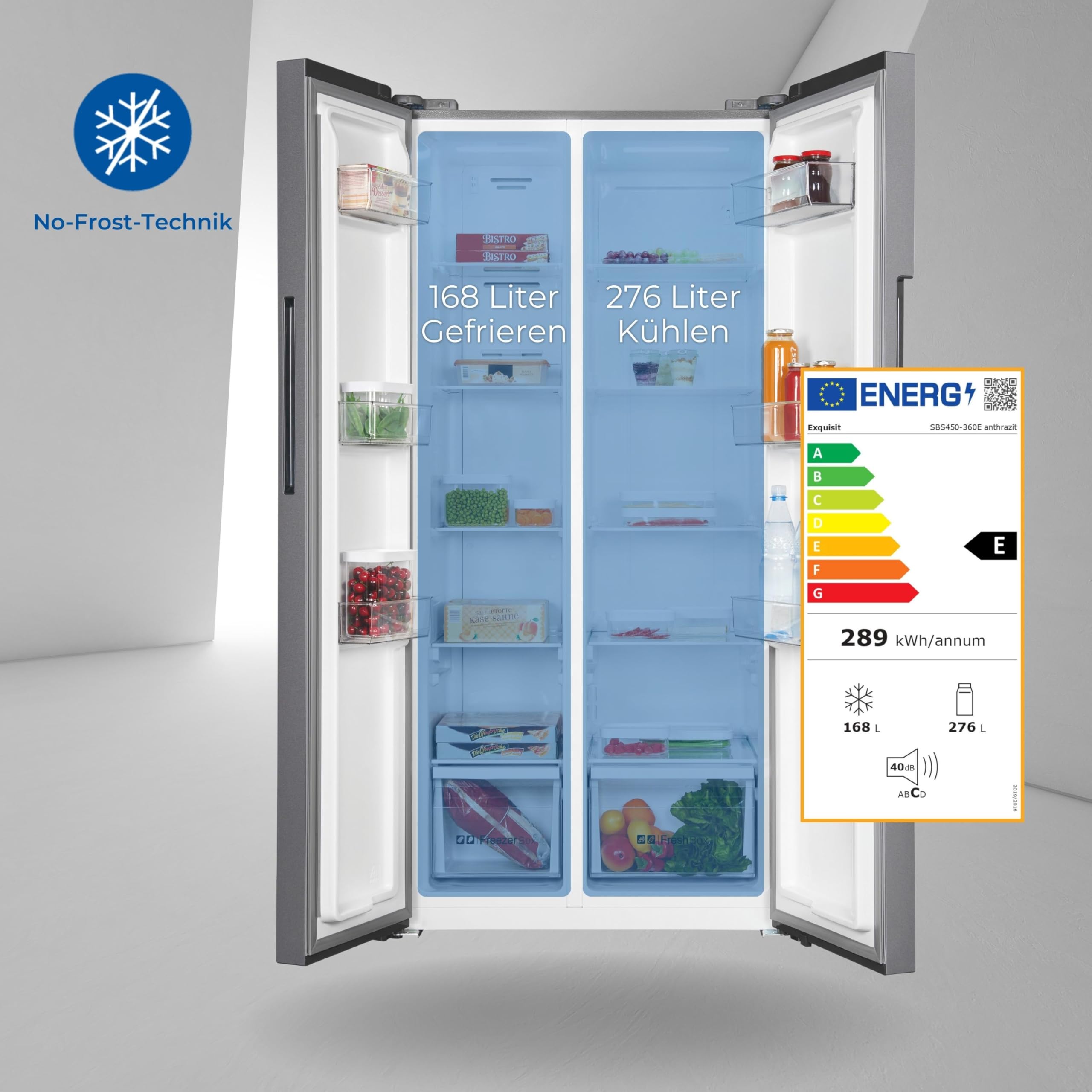 Exquisit Side by Side SBS450-360E, frigorifero NoFrost, congelamento rapido, 444 l