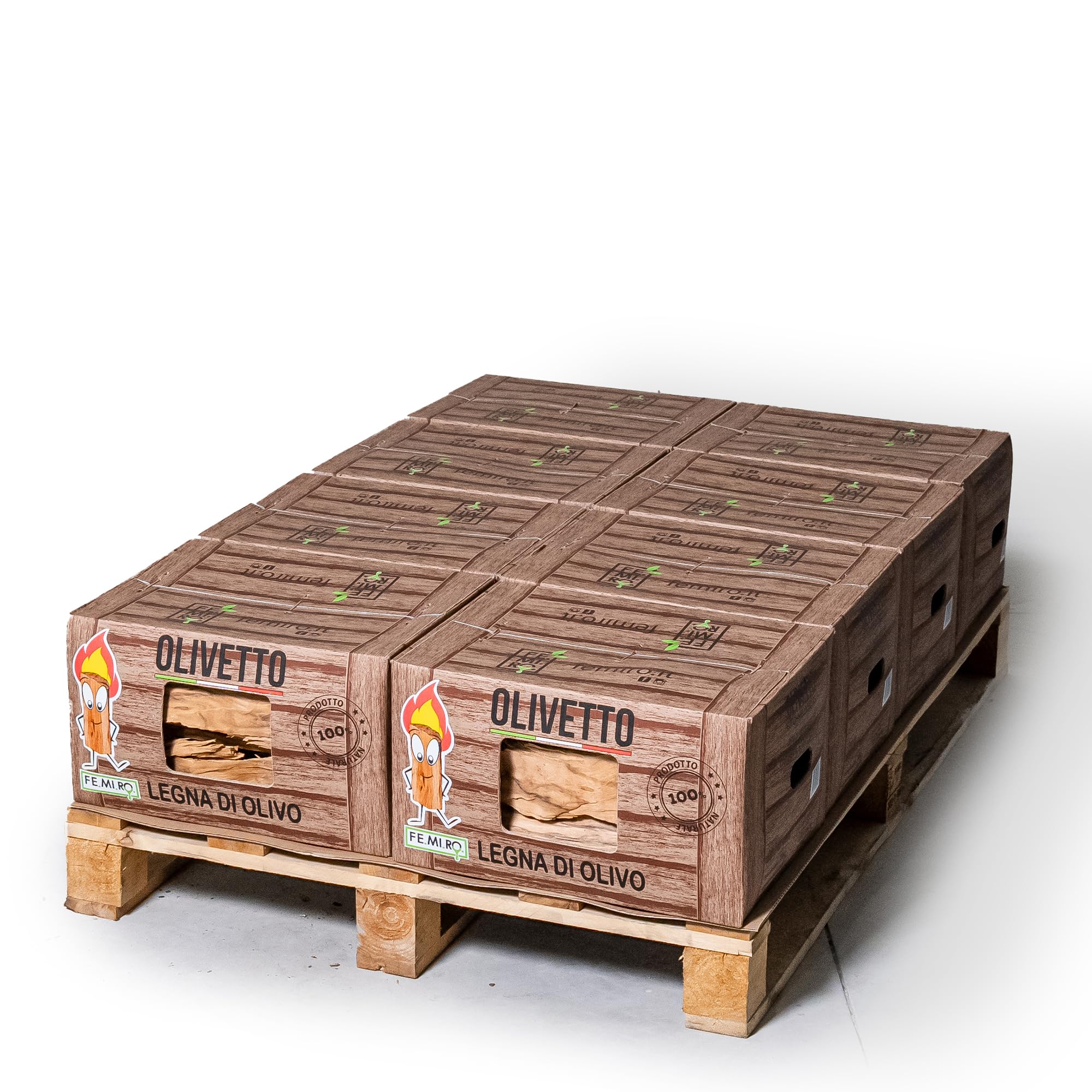 OLIVETTO FEMIRO Legna da Ardere di Olivo in scatole da 10 Kg su Bancale in Scatole di Cartone. Ideale per camini, stufe, forni, pizzerie e barbecue. Confezioni da 10 a 480 kg. (80 Kg)
