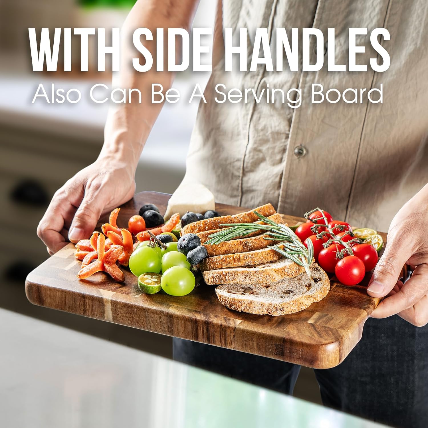 James.F End Grain Cutting Boards, Wooden Cutting Board for Kitchen with Side Handles, Acacia Wood Butcher Block Chopping Board for Meat Bread (13"x9"x1")