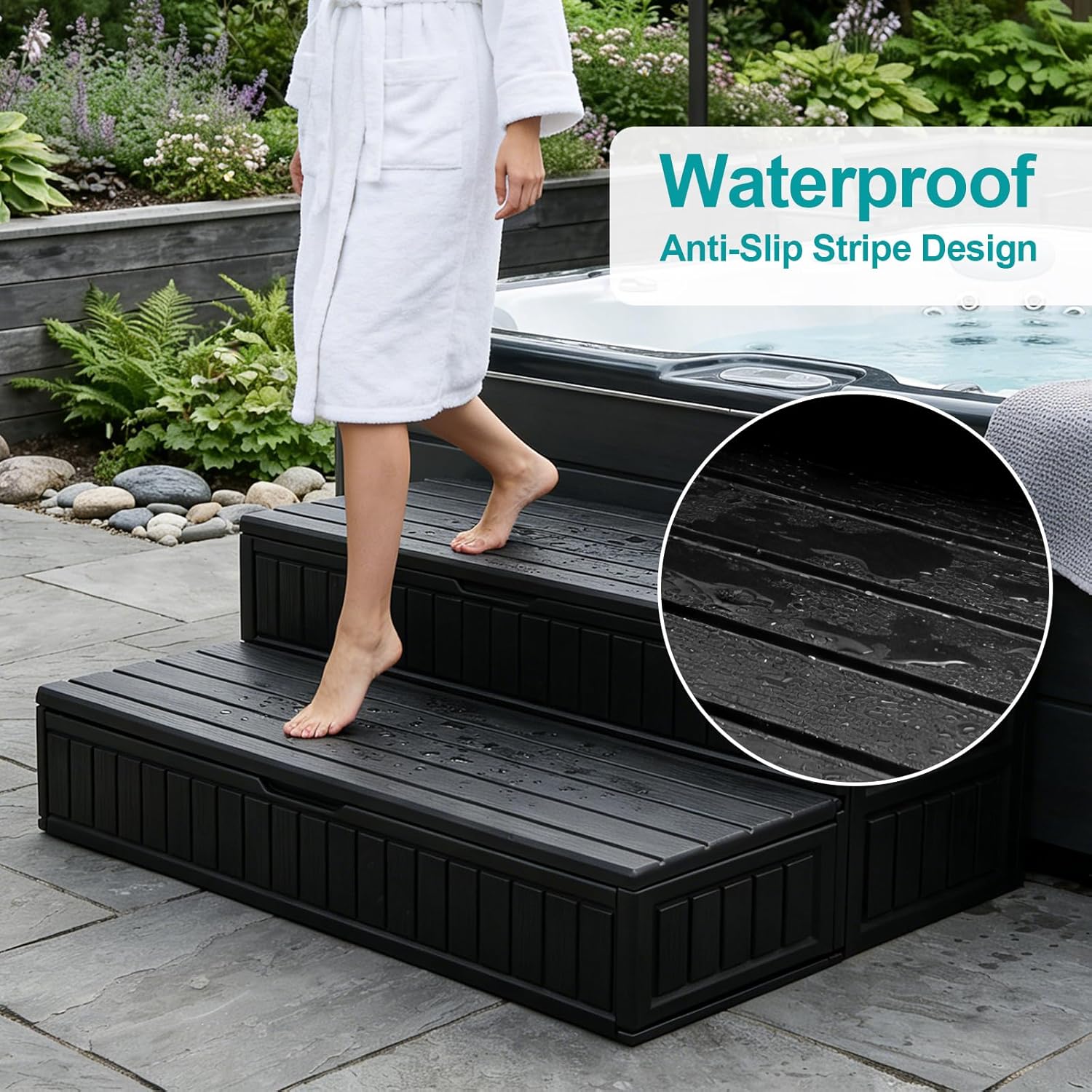 Hot Tub Steps with Storage, 2-Step Stairs for Outdoor Indoor, Non-Slip Heavy Duty 1000 lbs Load Capacity, Universal Step Stool for RV, Camper, Patio and Bath Tub, Black