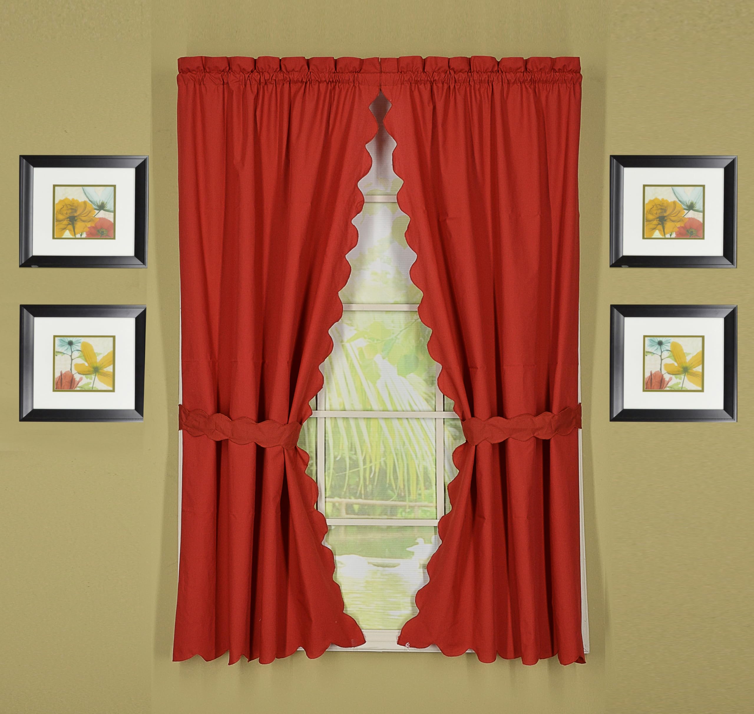 Today's Curtain Orleans 63" Panel Pair with Tiebacks Tambour Scallop Edge Curtain, Brick Red, 60" W x L (Pack of 1)