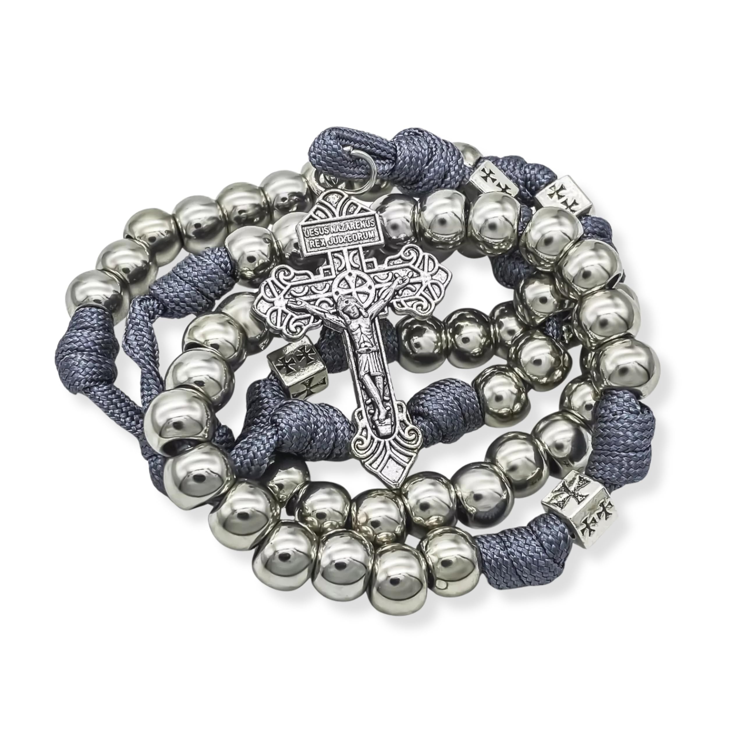 Paracord Rosary Necklace Stainless Steel Silver Beads Durable Strong & Heavy Rugged Cord Catholic Rosary with Pardon Cross