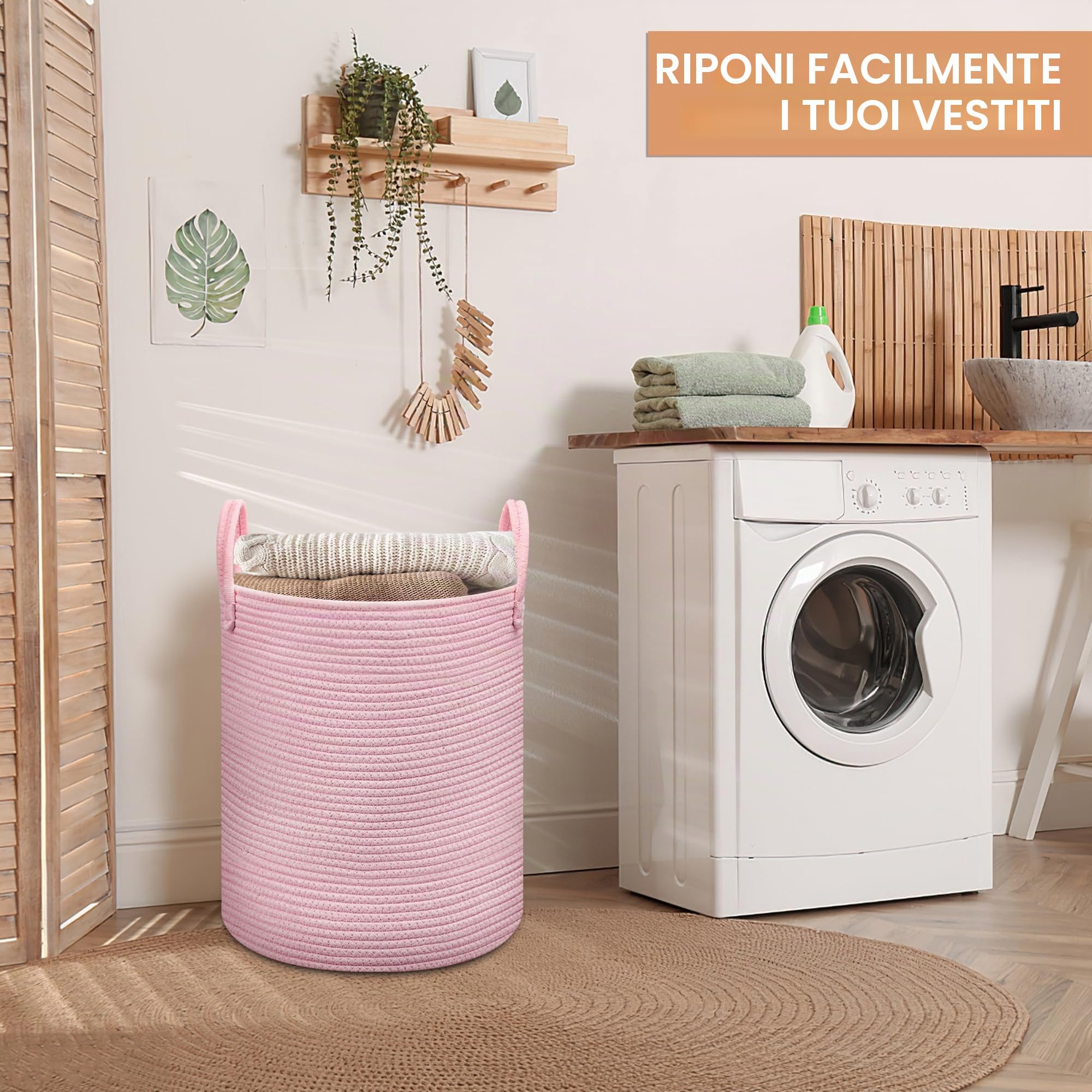 Cesto portabiancheria rosa, cesto portabiancheria in corda di cotone, cesto portaoggetti per coperta e giocattoli per soggiorno, camera da letto, bagno, cameretta dei bambini, rosa
