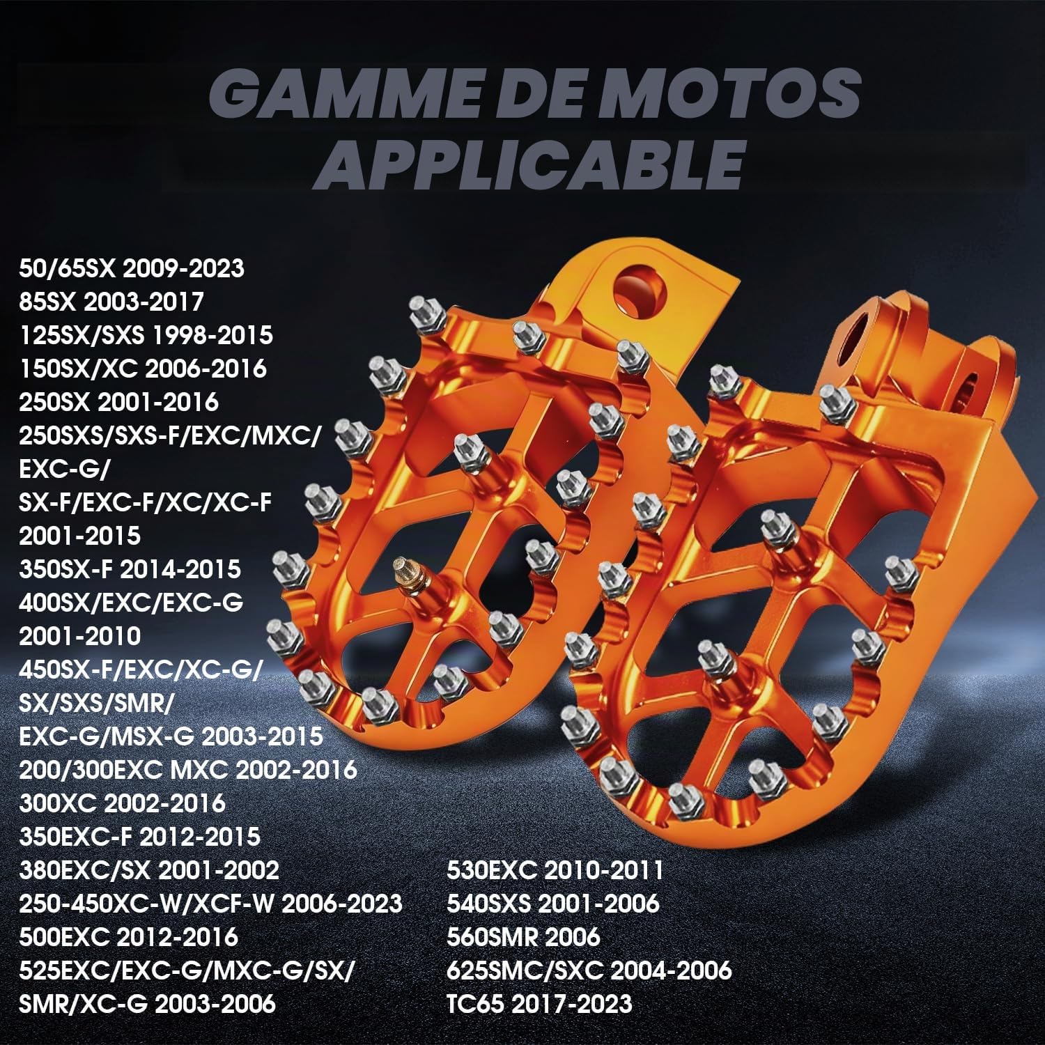 Repose-pieds Moto pour 50/65/85/125/150/250/400SX 250SXS/SXS-F/EXC Orange | pour MXC/EXC-G/SX-F/EXC-F/XC/XC-F 450SX-F/EXC/XC-G/SX/SXS/SMR/EXC-G/MSX-G 525EXC/EXC-G/MXC-G/SX/SMR/XC-G