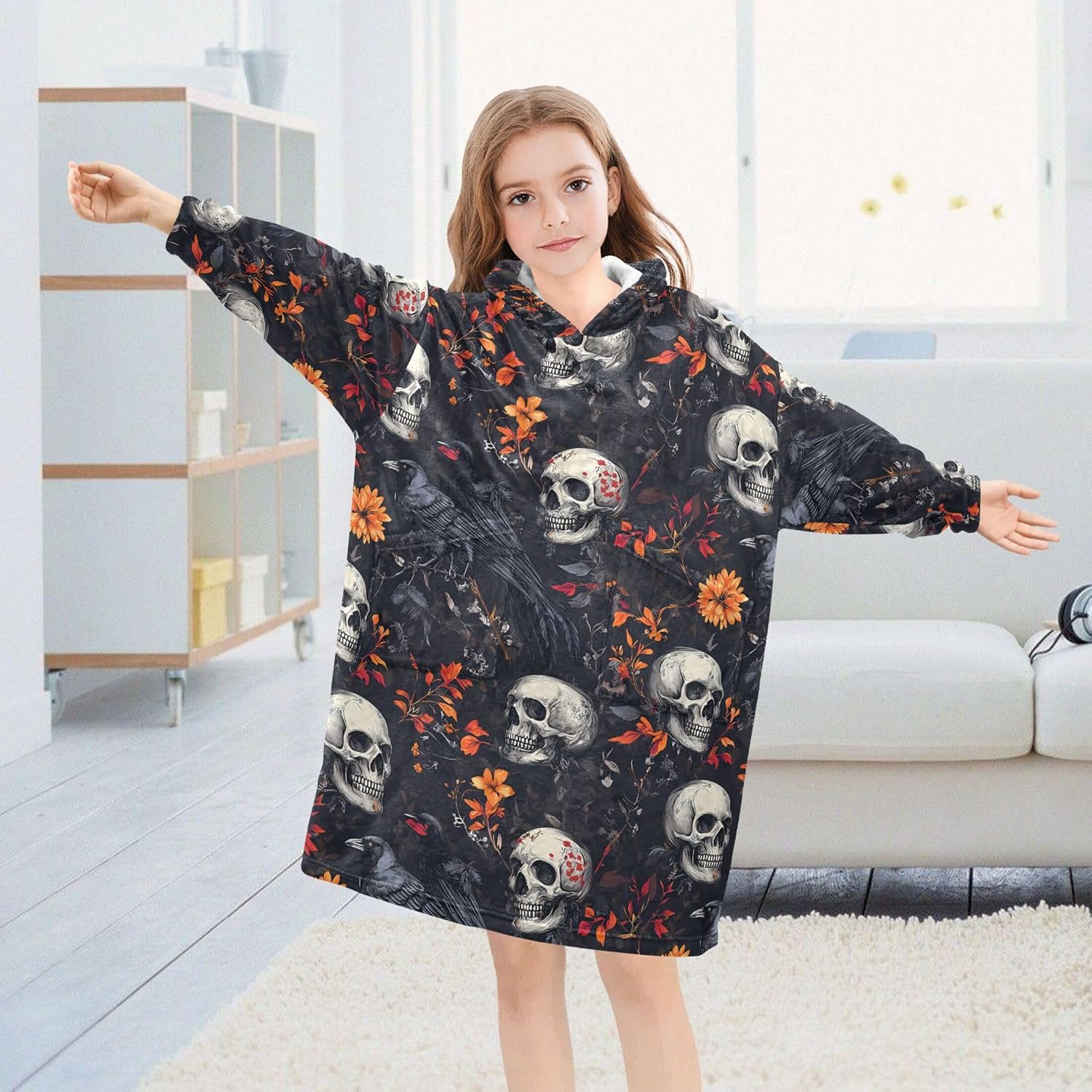 Skull Crow Flower Kids Wearable Blanket Hoodie with Pocket and Sleeves for Toddlers, Cute Hoodies Girls Boys