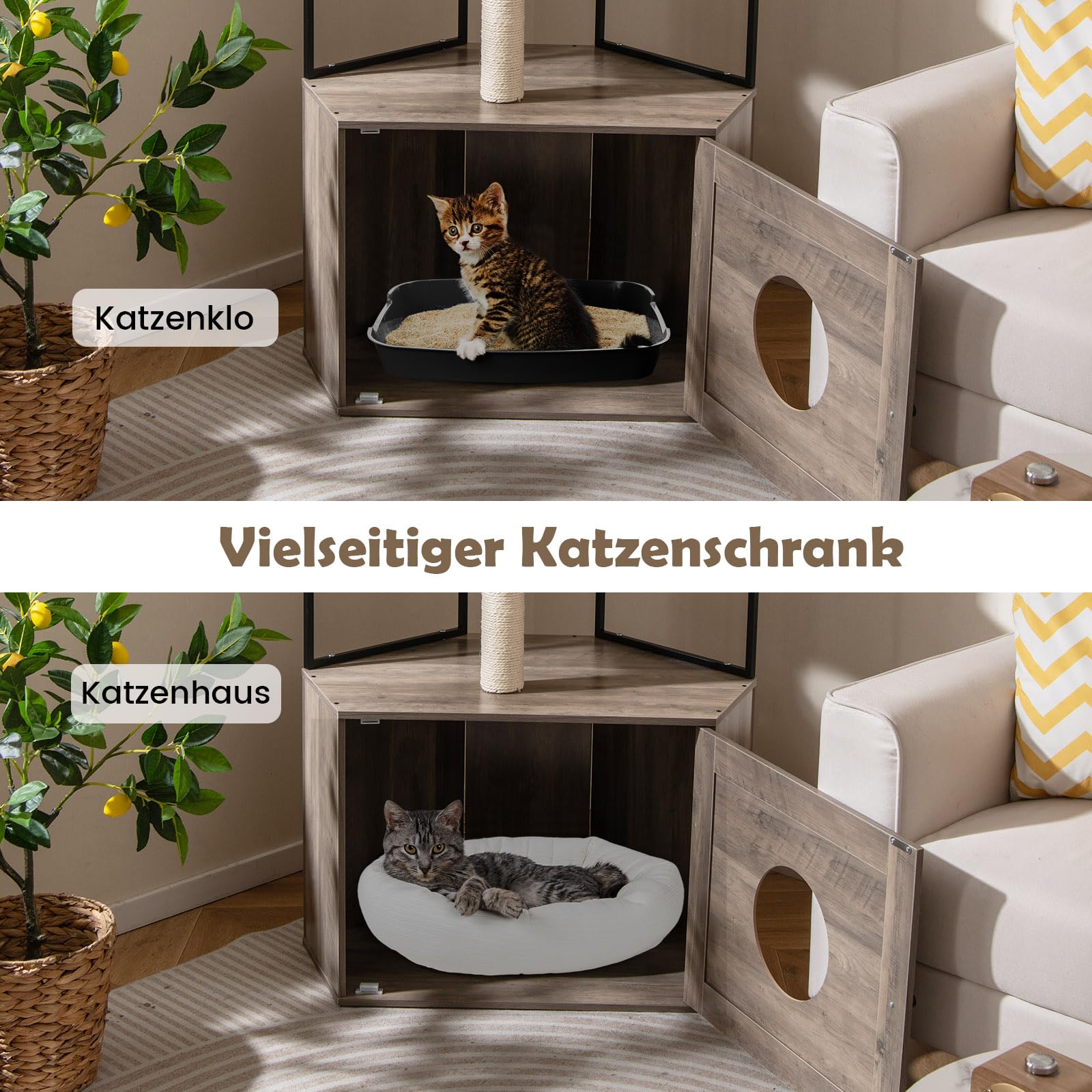 COSTWAY Kratzbaum mit Katzenklo Schrank, Katzenschrank für Katzentoilette, Katzenhaus Holz, Katzenkratzbaum mit Sisalpfosten, Plattformen, Katzenloch & Matten, Katzenbaum Katzenmöbel Katzen, Braun