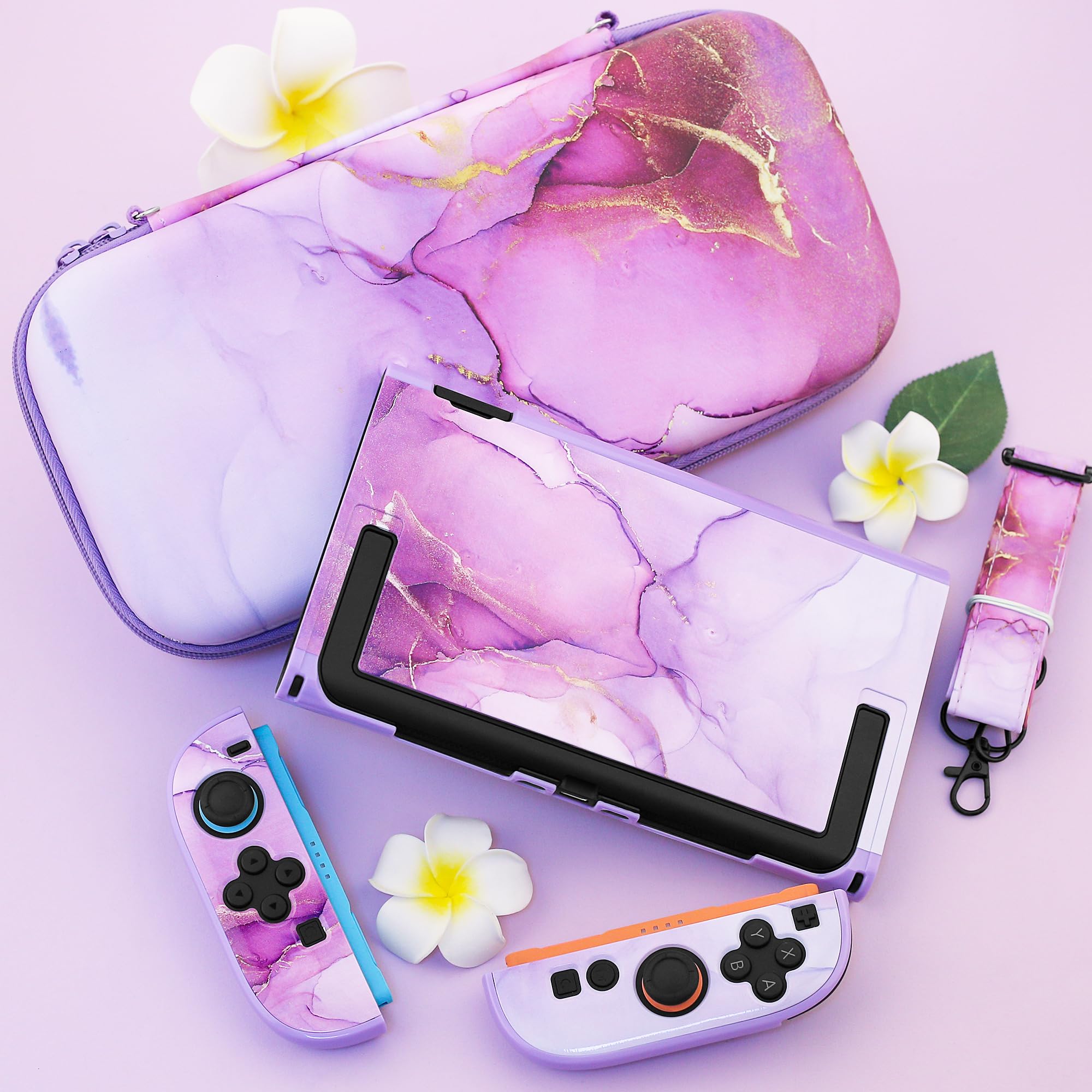 FANPL Custodia carina per Nintendo Switch 2, custodia da viaggio per Switch 2 con pelle rigida glitterata, cinturino regolabile, pellicola proteggi schermo, tappi per impugnatura per pollice (marmo