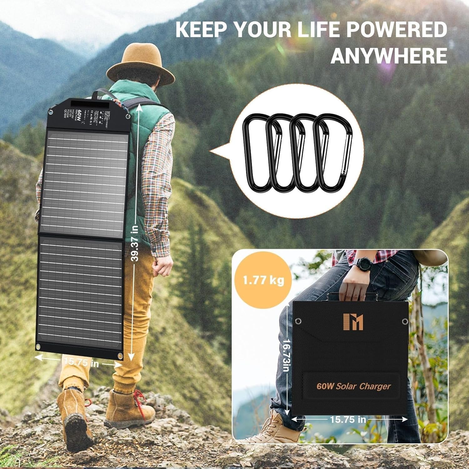 Panel Słoneczny 60 W, Składany, Z 5 Złączami, 18 V MC4 / 18 V DC/QC 3.0 USB-A i USB-C (PD 45 W), Ładowarka Solarna Ze Stojakiem, Przenośny