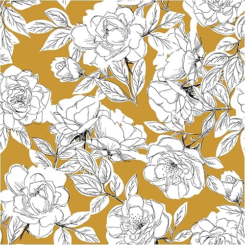 HAOKHOME 93171-2 Papel pintado floral dibujado despegar y pegar, extraíble, barra doradanegroblanco, vinilo autoadhesivo mural 17.7 x 118 pulgadas