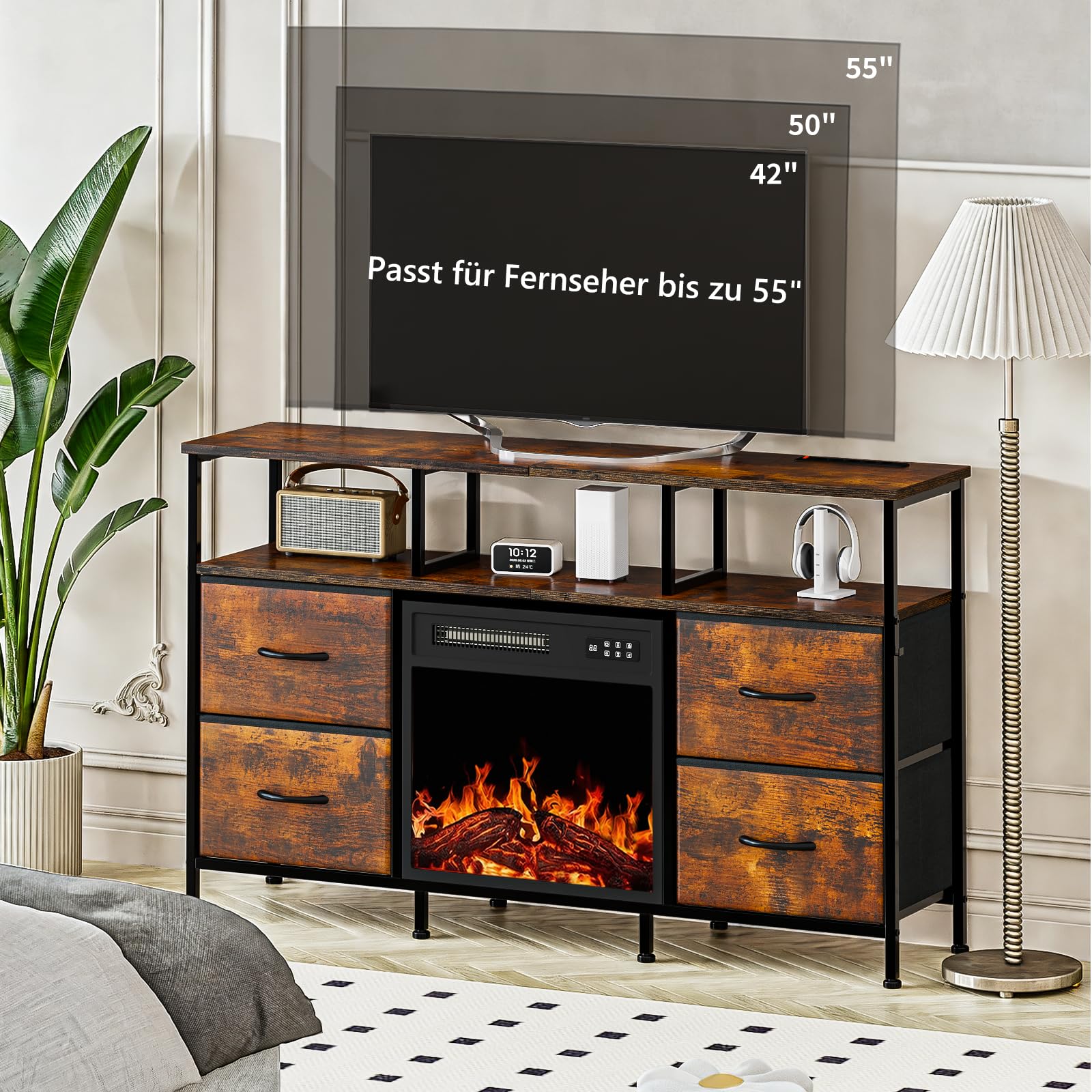 Waleaf TV Schrank, TV Lowboard mit 18 Zoll Elektrokamin, 3D Flammeneffekt & Heizung, LED Beleuchtung, 4 Stoffschubladen, Steckdosen & USB Buchse, Fernsehtisch für Fernseher bis zu 55 Zoll, Wohnzimmer