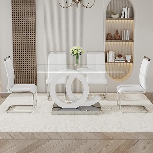 Miniatura 7 de Juego de mesa de comedor Ebullient para 6, juego de mesa de comedor de 7 piezas, tapa de mesa de cristal templado, mesa moderna de comedor con 6