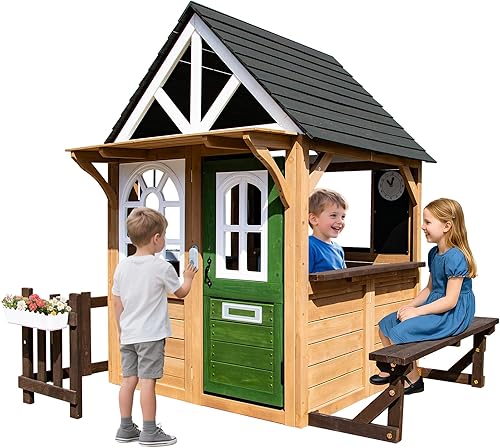 Casa de juegos para niños al aire libre, casa de juegos de madera gris cedro para niños de 3 a 8 años, timbre interactivo, encimera de cocina con