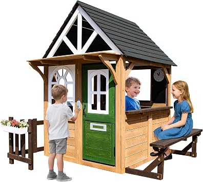 Kids Playhouse Outdoor,Cedar Gray Wooden Play House for Kids Ages 3-8,Interactive Doorbell, Kitchen Counter with Utensils, Sink, Window Boxes for Flowers Brown