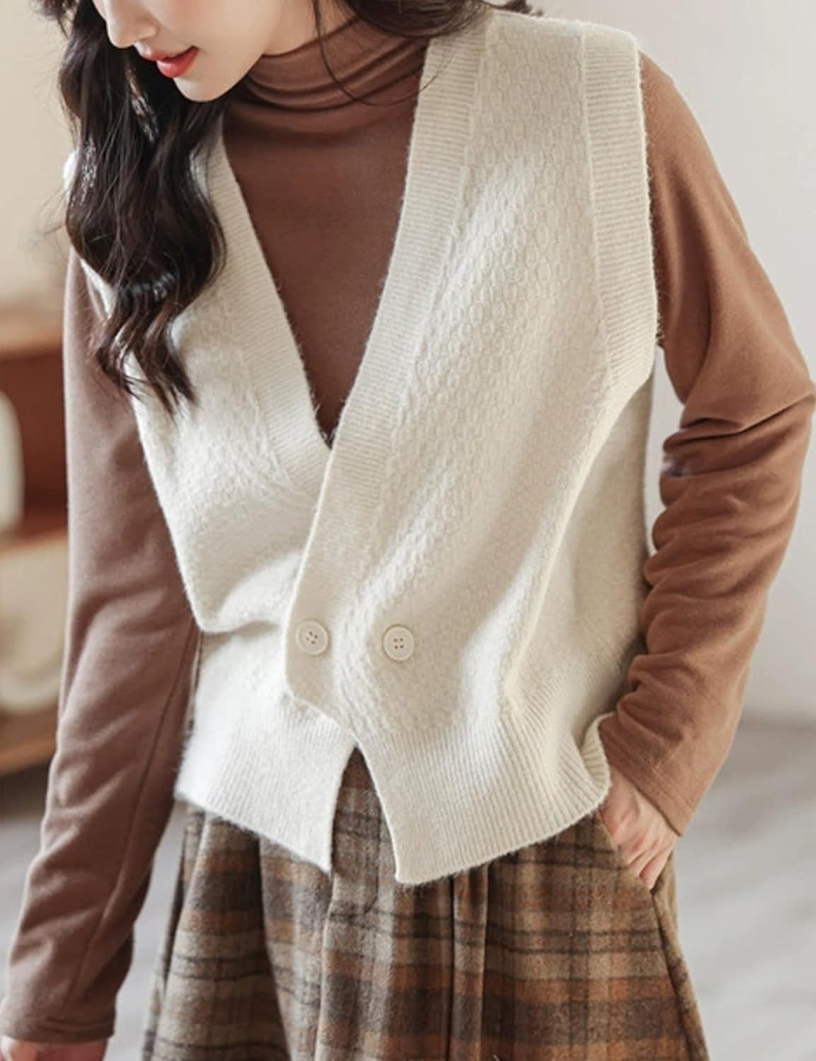 Women's Sweater Vest Sleeveless V Neck Knit Cardigan Sweater Waistcoat Tops(0377-RiceWhite-L) - Image 5