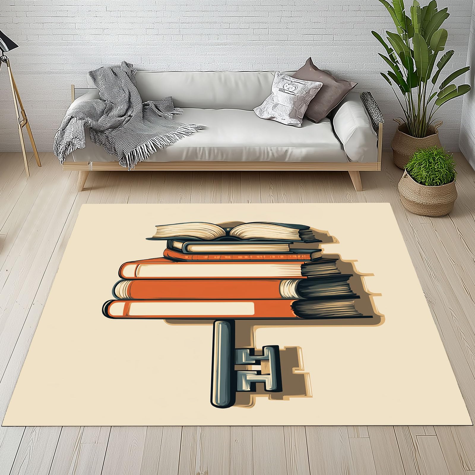 Vintage Bücher Creme Teppich Wohnzimmer 120x170cm Rugs for Living Room, Kurzflor Waschbar Teppisch Minimalismus Wohnzimmerteppich rutschfest für Schlafzimmer Kunstwolle Carpet