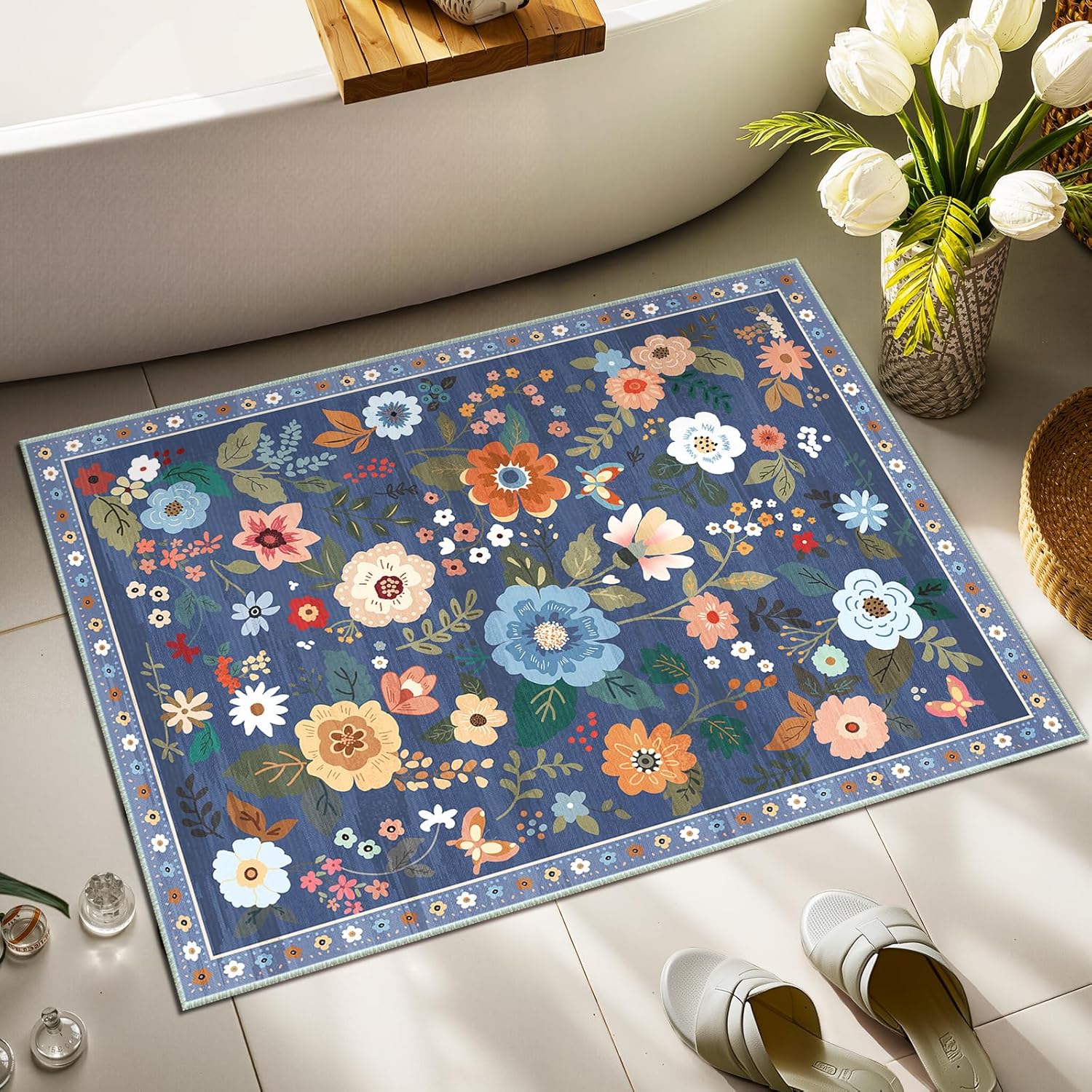 RELEANY Floral Nursery 2x3 Area Rugs Washable Print Boho Cute Carpet Non Slip Flower Low Pile for Living Room Kids Girls Playroom Bedroom Kitchen Office Farmhouse-Blue/Grey