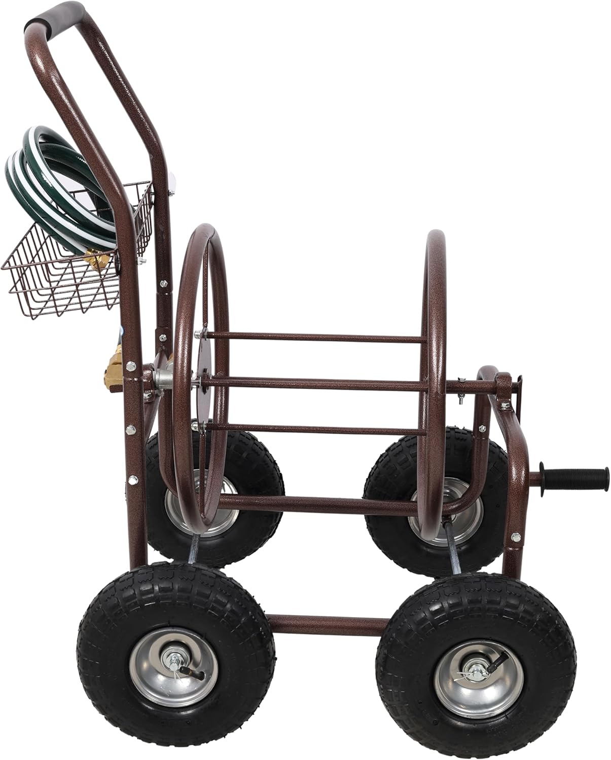 Hose Reel Cart, 250 ft Capacity Garden Hose Cart with Wheels, Heavy Duty Rust-Proof Steel Frame, 10" Pneumatic Tires & Storage Basket, Includes 6.5 ft Lead Hose & Quick Connectors, Bronze