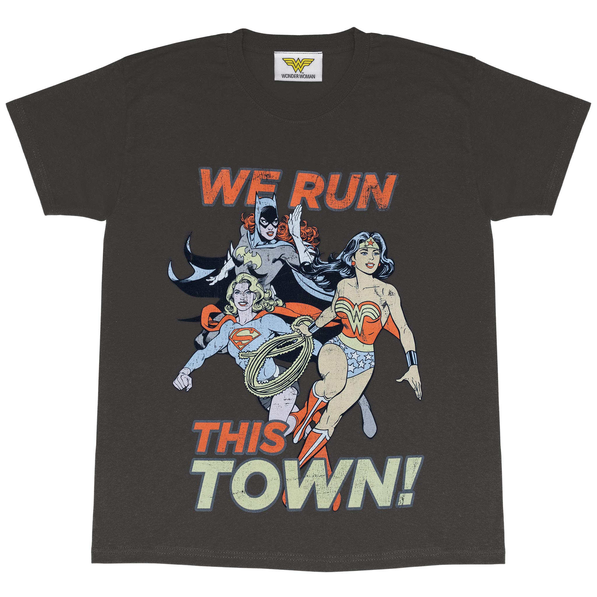 PopgearDC Comics Originals Batgirl and Supergirl We Run This Town Boyfriend Fit T-Shirt, Womens, S-XXL, Charcoal, Official Merchandise