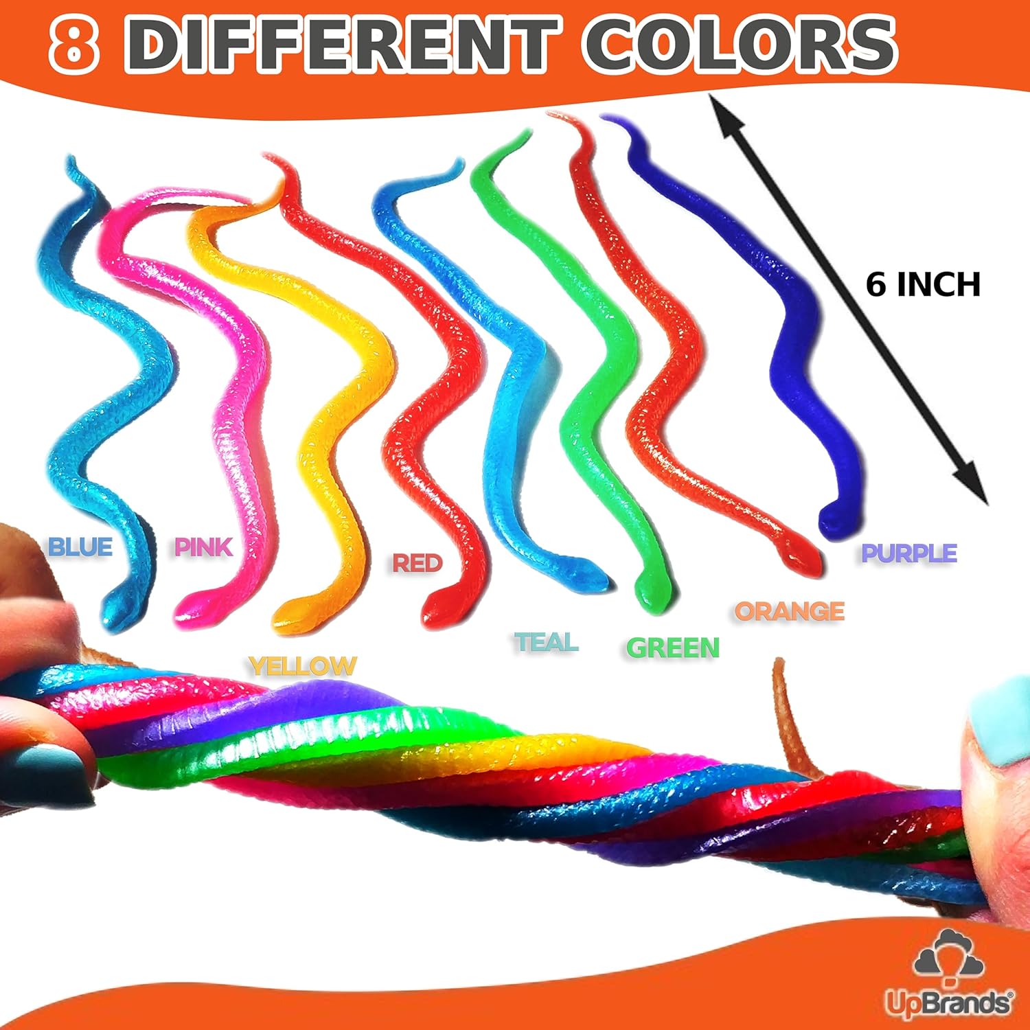 UpBrands 96 Stretchy Snakes Toys 6 Inches Bulk Set, 8 Glitter Colors, Kit for Birthday Party Favors for Kids, Goodie Bags, Easter Egg Basket Stuffers, Pinata Filler, Small Classroom Prizes