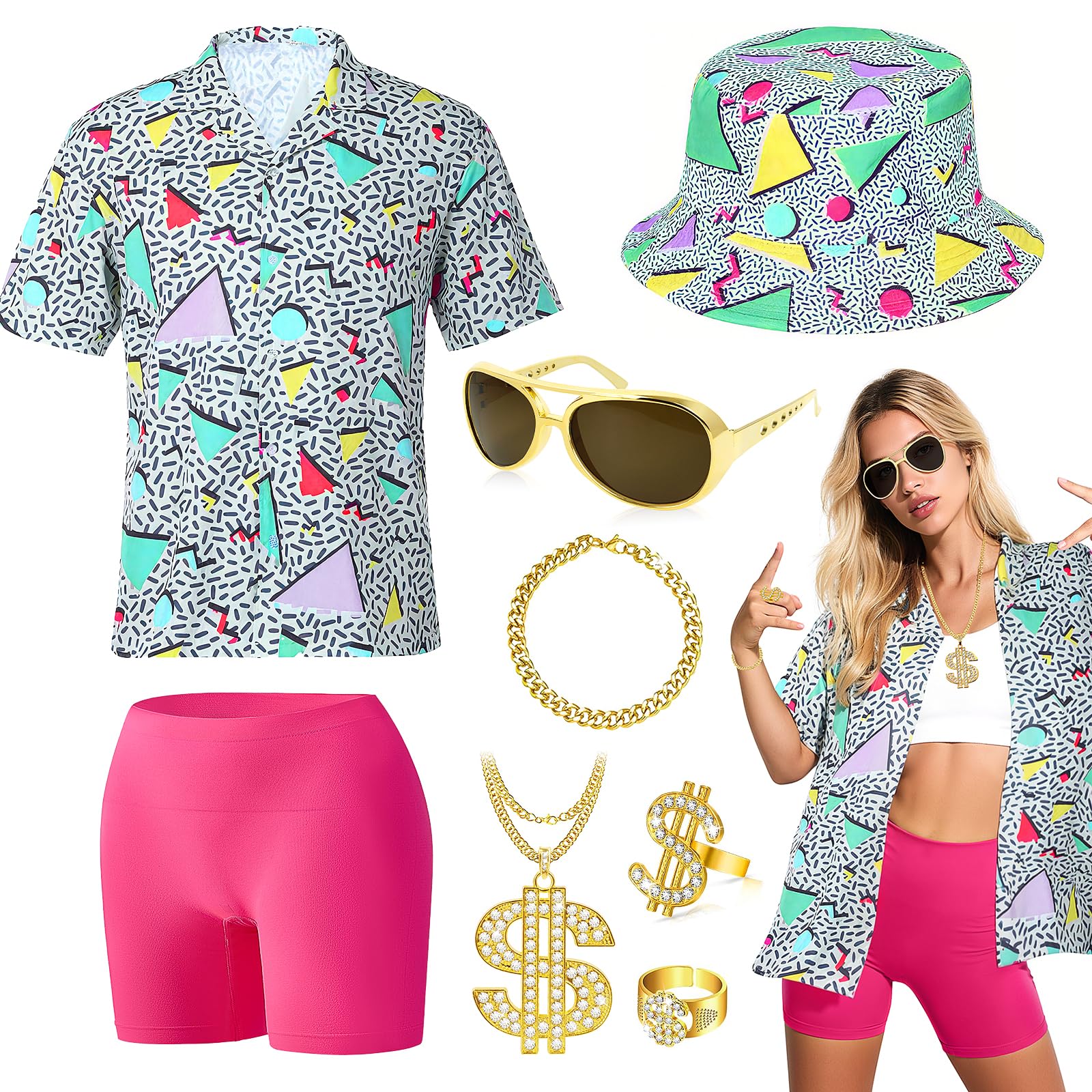 80s 90s Fancy Dress awaiian Shirt Costume Men Women Outfit Women's Print Shirt Set Bucket Hat Gold Bling Sunglasses Retro Party Outfit with Printed for Party Festival Streetwear Look