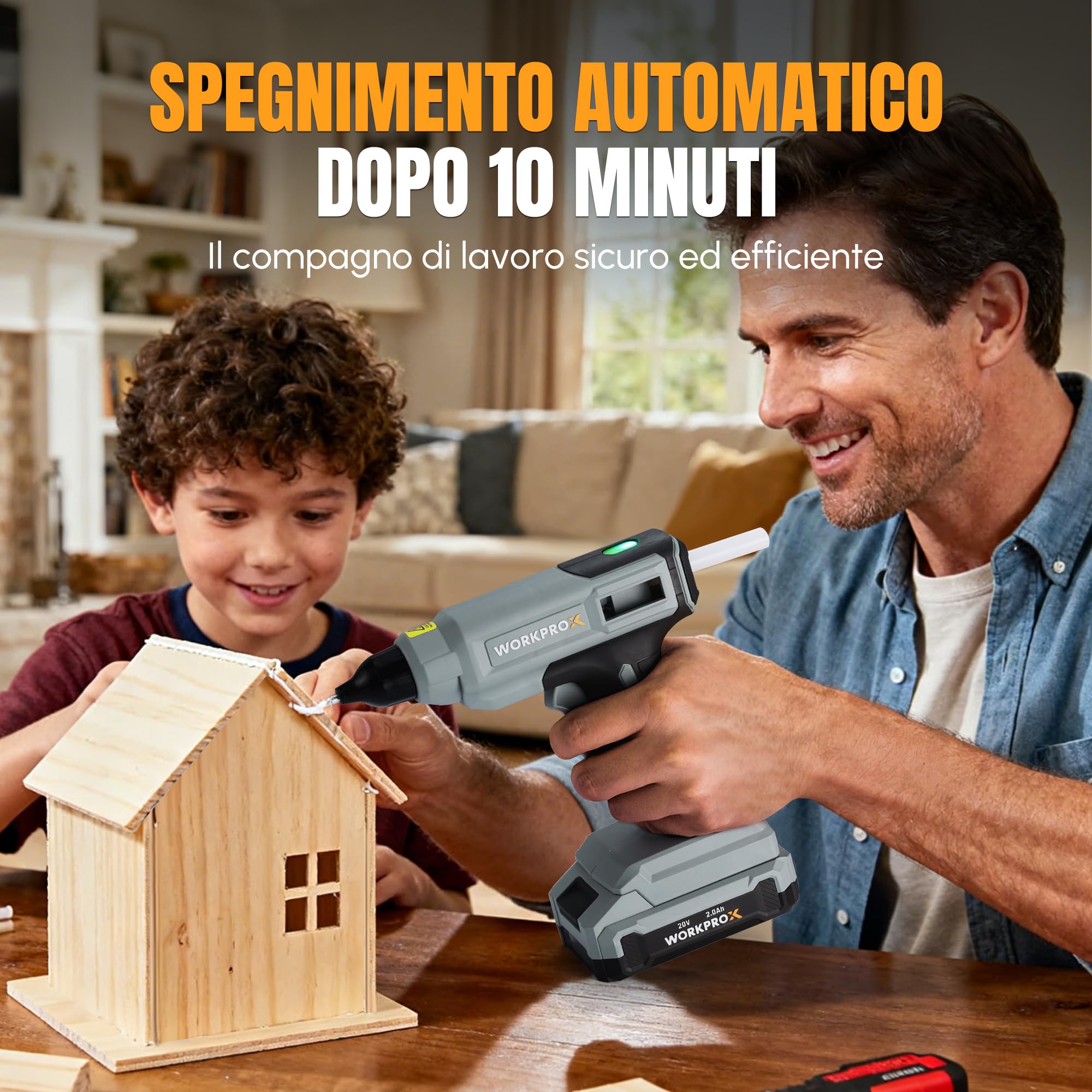 WORKPROX Pistola per Colla a Caldo Senza Fili 20V con Batteria e Caricatore, Riscaldamento Rapido e Spegnimento Automatico, Include 20 Stick Colla 11×150 mm, Ideale per Fai-da-Te e Riparazioni