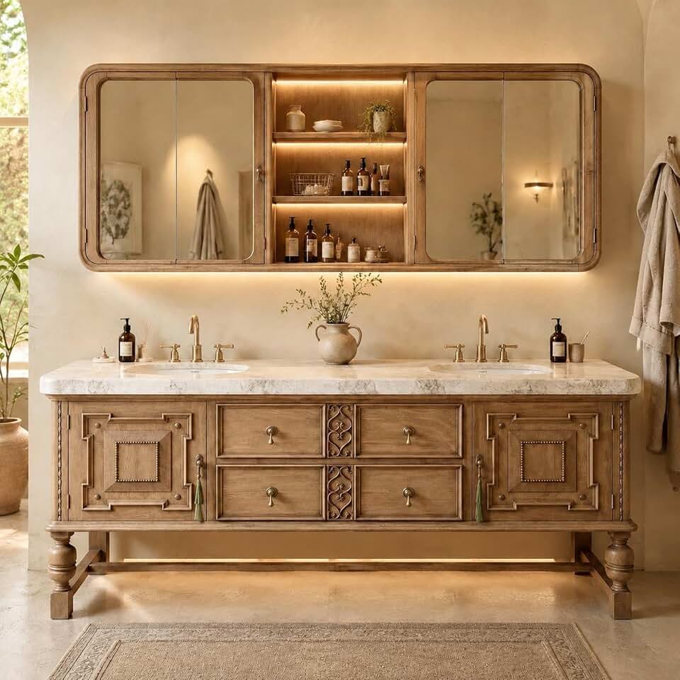110 in Freestanding Double-Sink Bathroom Vanity with Mirror Cabinet
