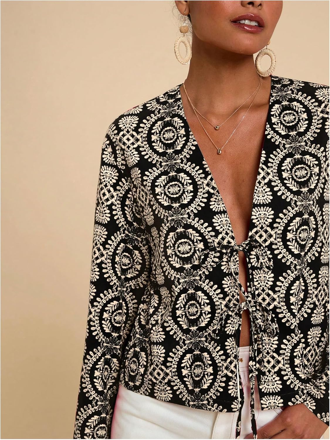 GORGLITTER Women's Boho Floral Tie Front Tops Deep V Neck Bell Sleeve Bohemian Blouse Shirts 2000s Clothing - Image 4