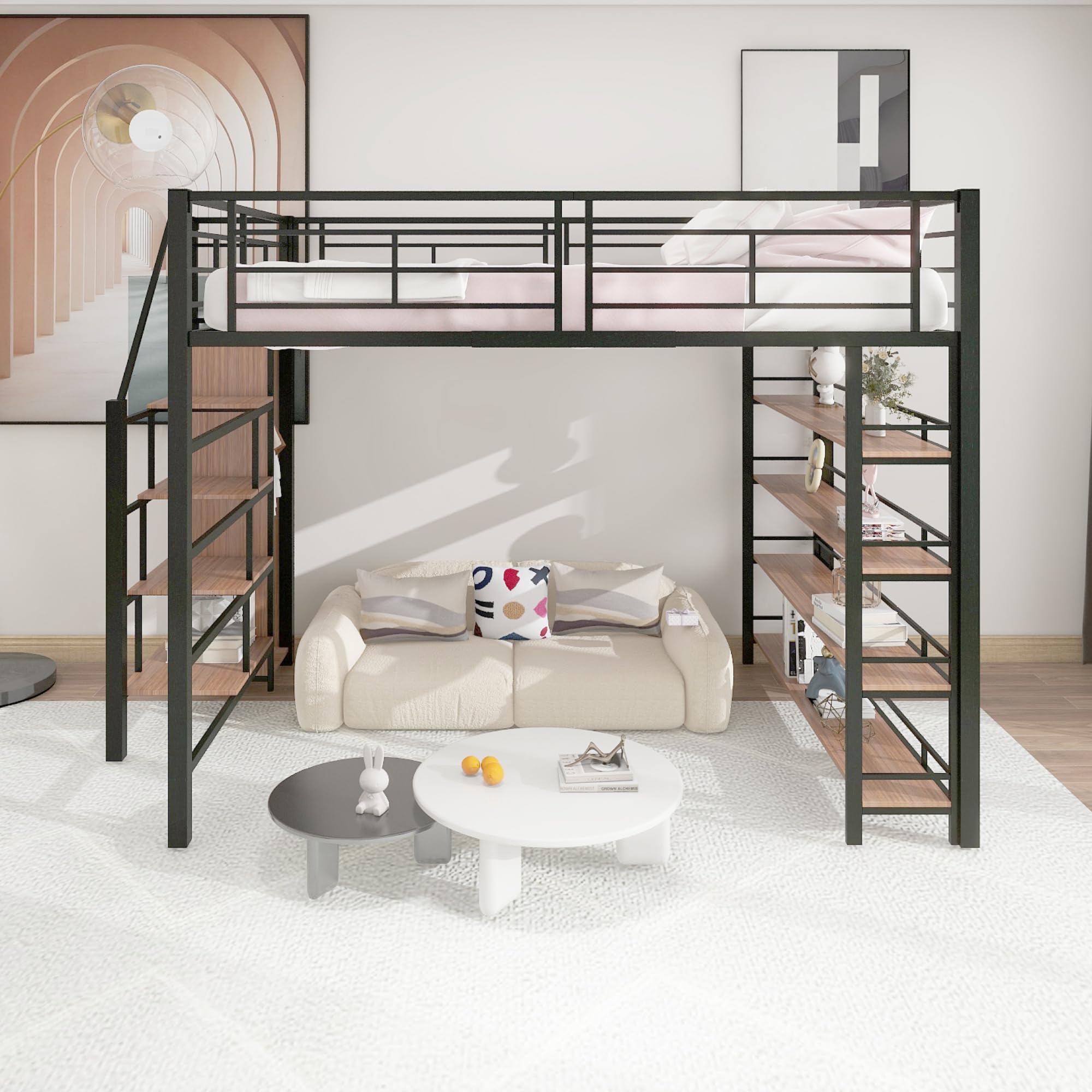 Ampio letto a soppalco 140 x 200 cm, colore nero, con scala di sicurezza, spazio di archiviazione e armadio. Letto multifunzione per ragazzi in metallo, portata fino a 120 kg