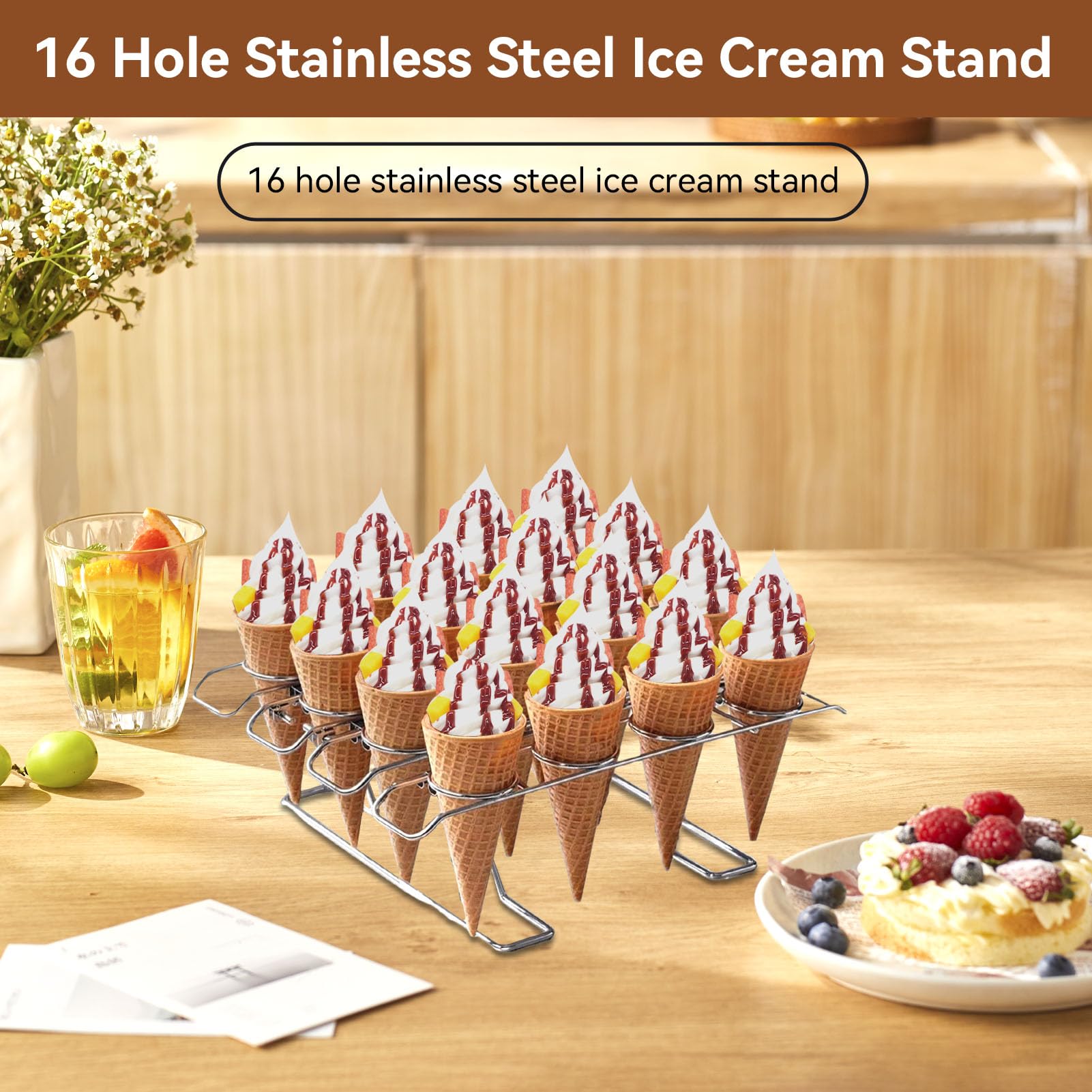 Gsycle Ice Cream Cone Holder, 16 Holes Waffle Cone Holder Foldable Ice Cream Cone Cupcake Holder Waffle Cones Holder Cupcake Cone Baking Rack