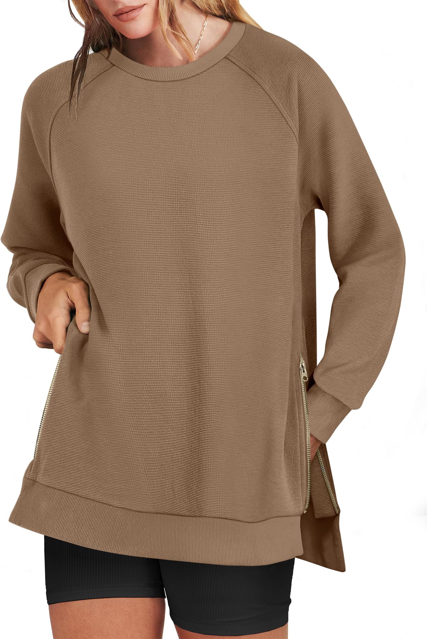 Women's Oversized Sweatshirts Crewneck Long Sleeve Tunic Pullover Shirts Side Zipper Hoodies 2026 Spring Clothes