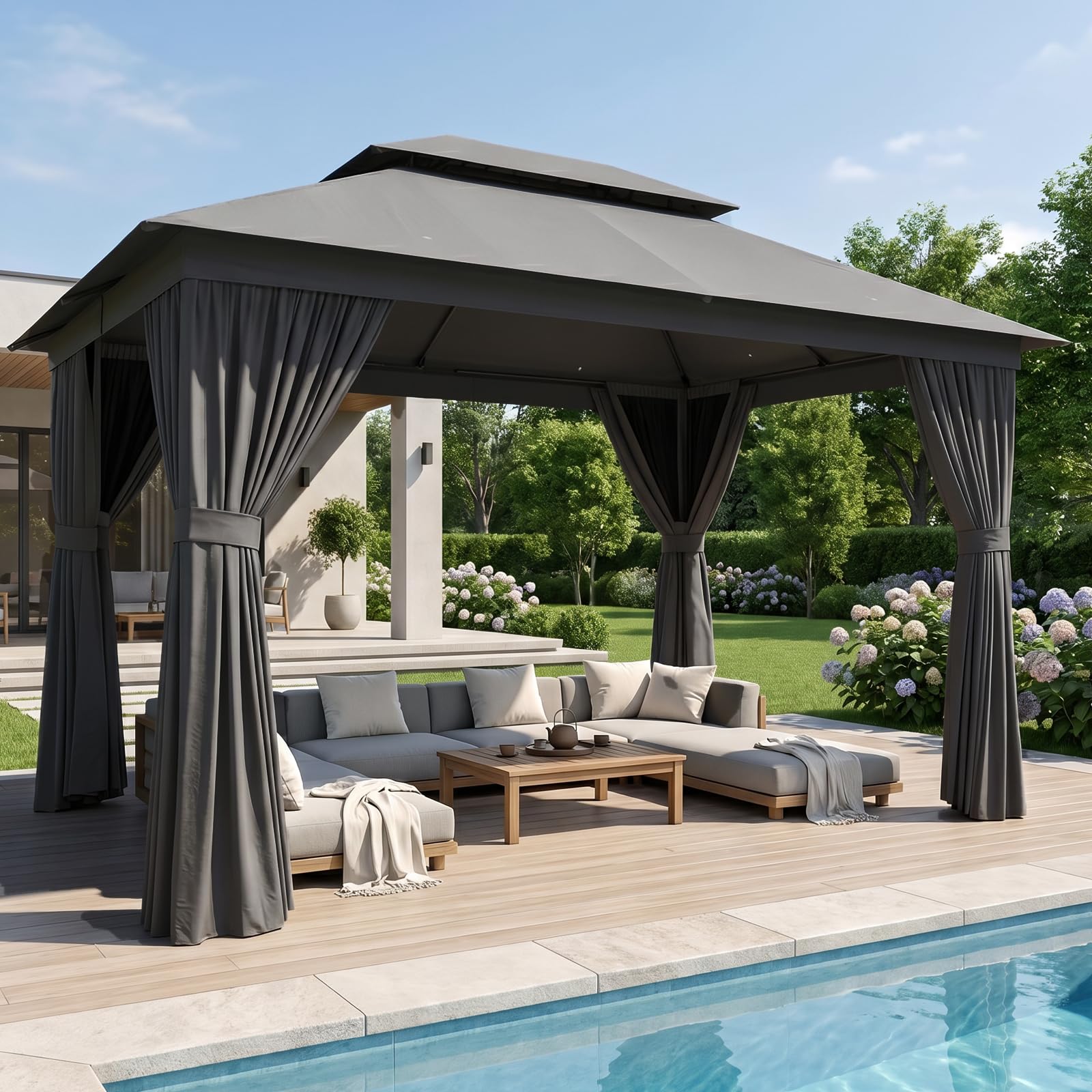Outsunny 10' x 12' Hardtop Gazebo with Curtains and Netting, Permanent Pavilion Metal Single Roof Gazebo Canopy with Aluminum Frame and Hooks, for Garden, Patio, Backyard, Coffee Brown