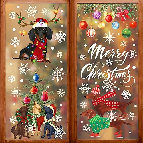 AnyDesign - 76 calcomanías navideñas para ventana, perros, árboles, bolas de Navidad, calcomanías coloridas para decoración de espejos de cristal