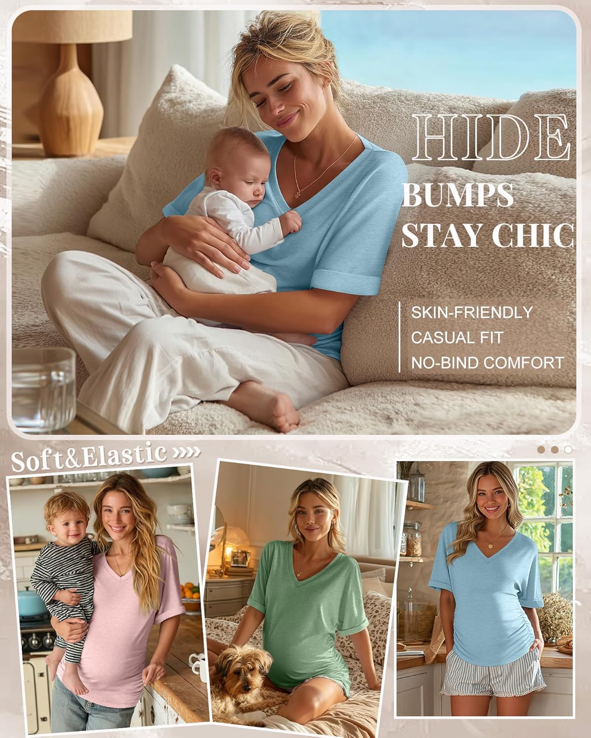 Ficerd 3 Pack Women's Maternity Shirts V Neck Half Sleeve Pregnancy Tunic Tops Side Ruched Mama Clothes Casual Tee Blouse - Image 2