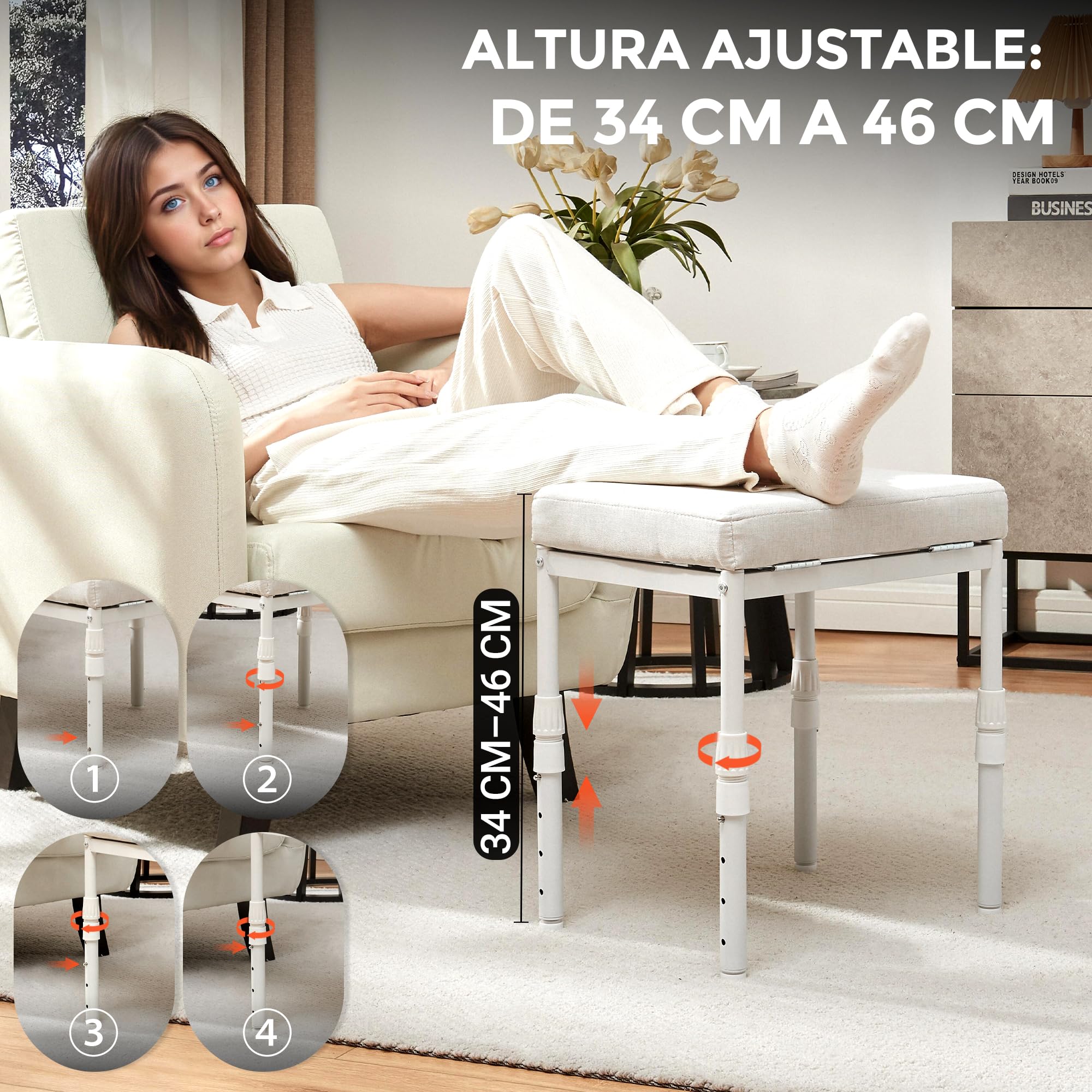 TIOPGHAD Reposapiés Ajustable para Escritorio, Taburete Otomano, Beige | 4 alturas, inclinación 60 grados, 28 posiciones, cojín de espuma de 6 cm, base metálica, para escritorio, sofá, cama, oficina
