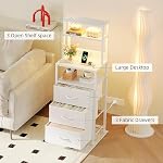 VERMESS Tall Nightstand with 3 Fabric Drawers, Bedside Table with Charging Station & LED Light, Side Table with Open Book Shelf, Small End Table for Bedroom, Chest of Drawers, White