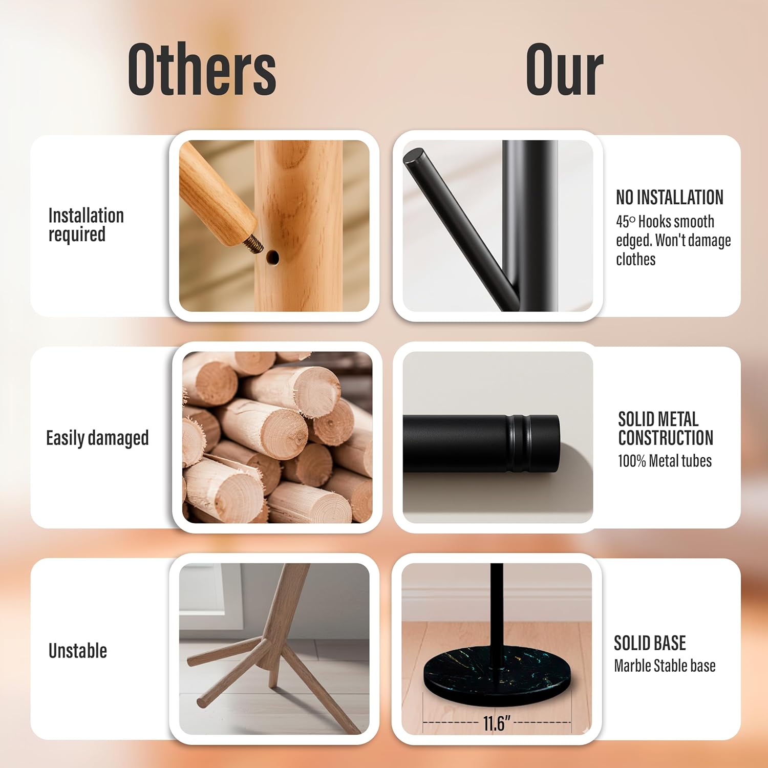 Coat Rack Freestanding Metal Clothing Rack – Modern Clothes Organizer with 8 Coat Hooks – Space-Saving Hall Tree for Entryway, Bedroom, Office – Sturdy Minimalist Coat Hanger & Garment Rack (Black)