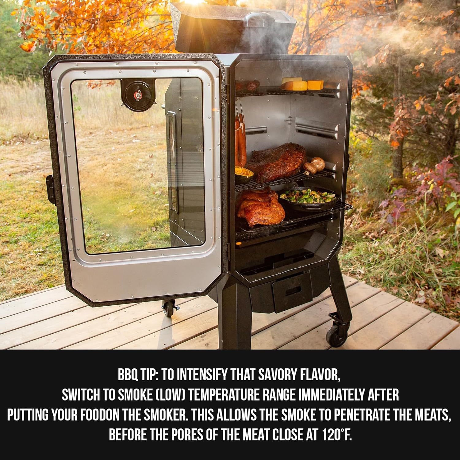 Smoker with food and a BBQ tip for intensifying flavor