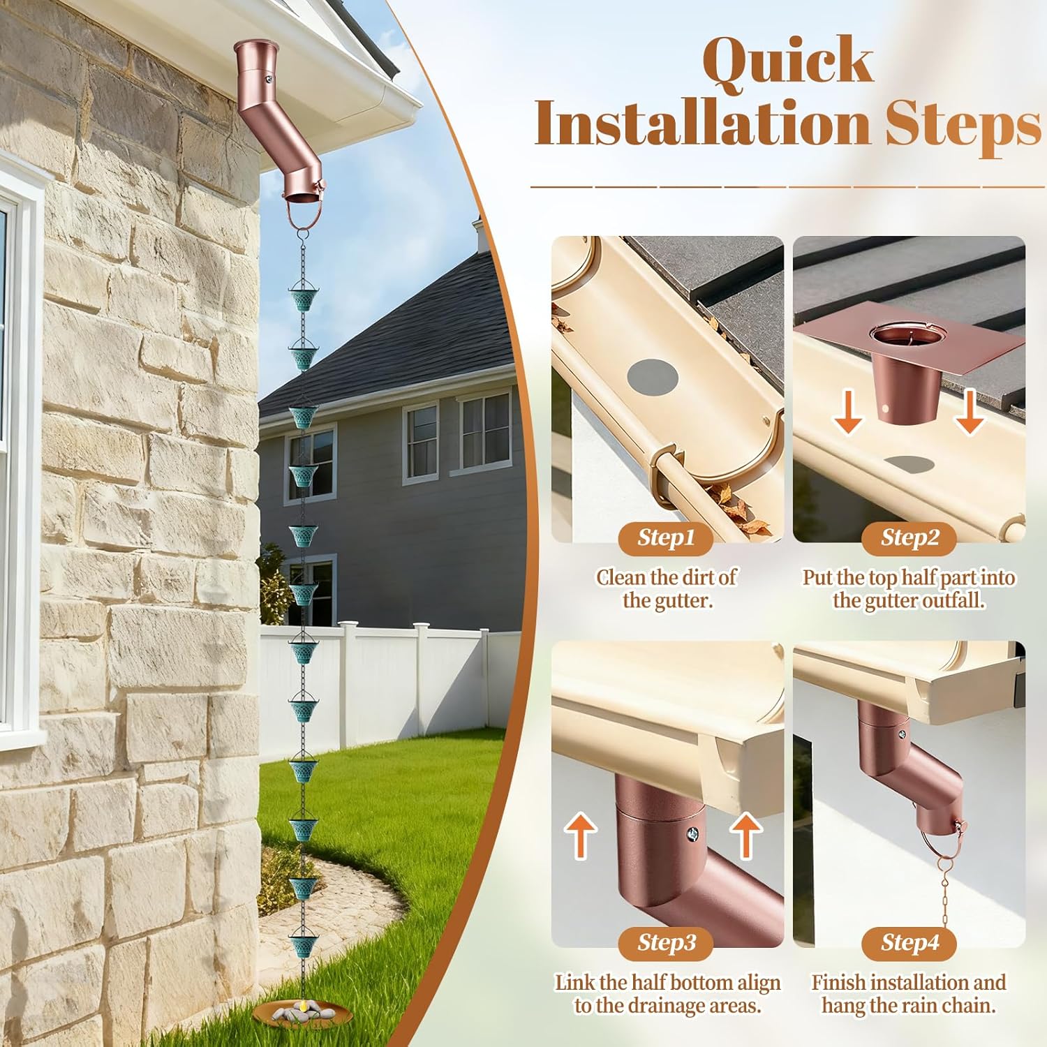 Tfro & Cile Rain Chain Gutter Adapter Rose Gold Installation Suit for Gutter Downspout Outlet