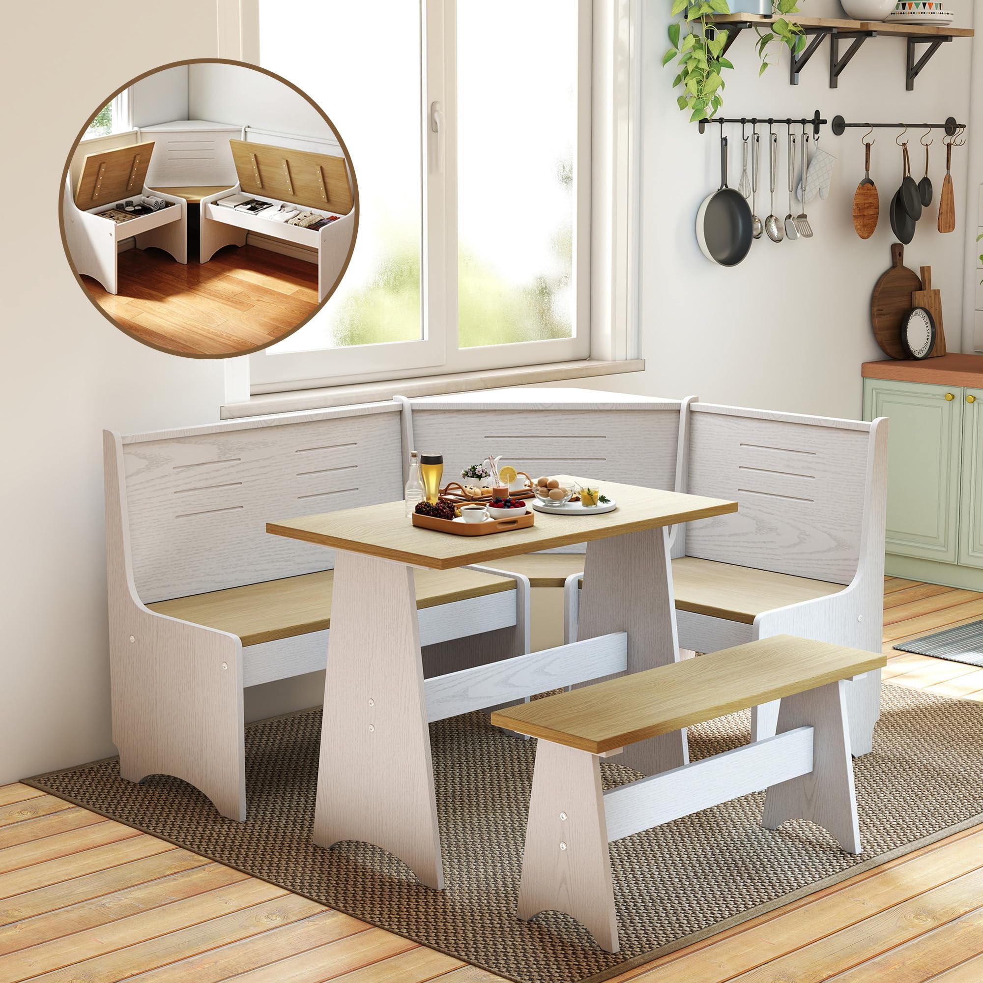 enor 3-5 people breakfast nook set, l-shaped corner dining table with bench, hidden storage space saving convertible for family home white wood