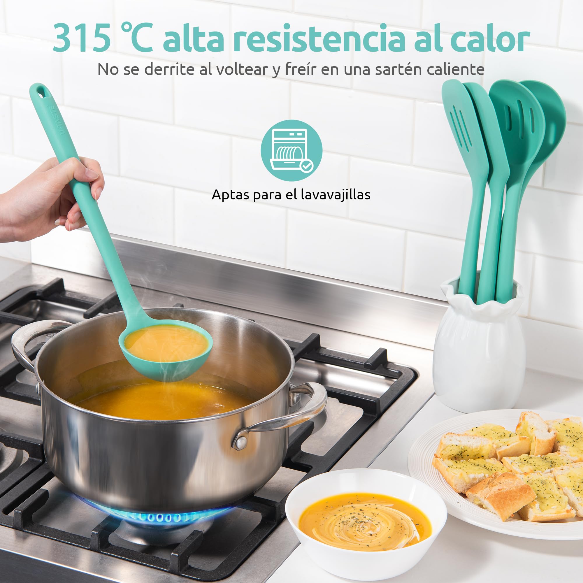 U-Taste Utensilios de Cocina de Silicona Extra Largos: 5 piezas 315 ℃ Herramientas de cocina resistentes al calor juego de espátulas antiadherentes para mezclar, servir y freír (Aqua Sky)