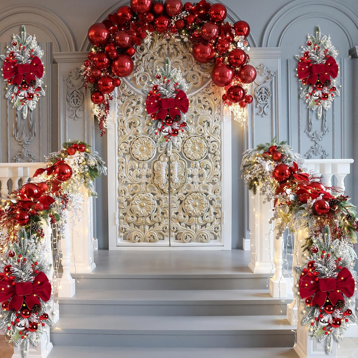 2PCS Christmas Artificial Swags 23.6" Xmas Cedar Wreaths Red Prelit Christmas Teardrop Swag for Front Door Mantel Stairway Table Top Window Decor(Red)