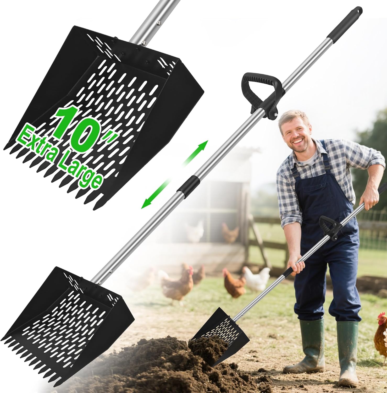 2-in-1 Hen Poop Scooper & Rake – Adjustable Hen Coop Scoop with Deal with（39、53、67 in），Stainless Metal Shovel Head- Litter Scooper Sand & Sifting Shovel for Hen Coops